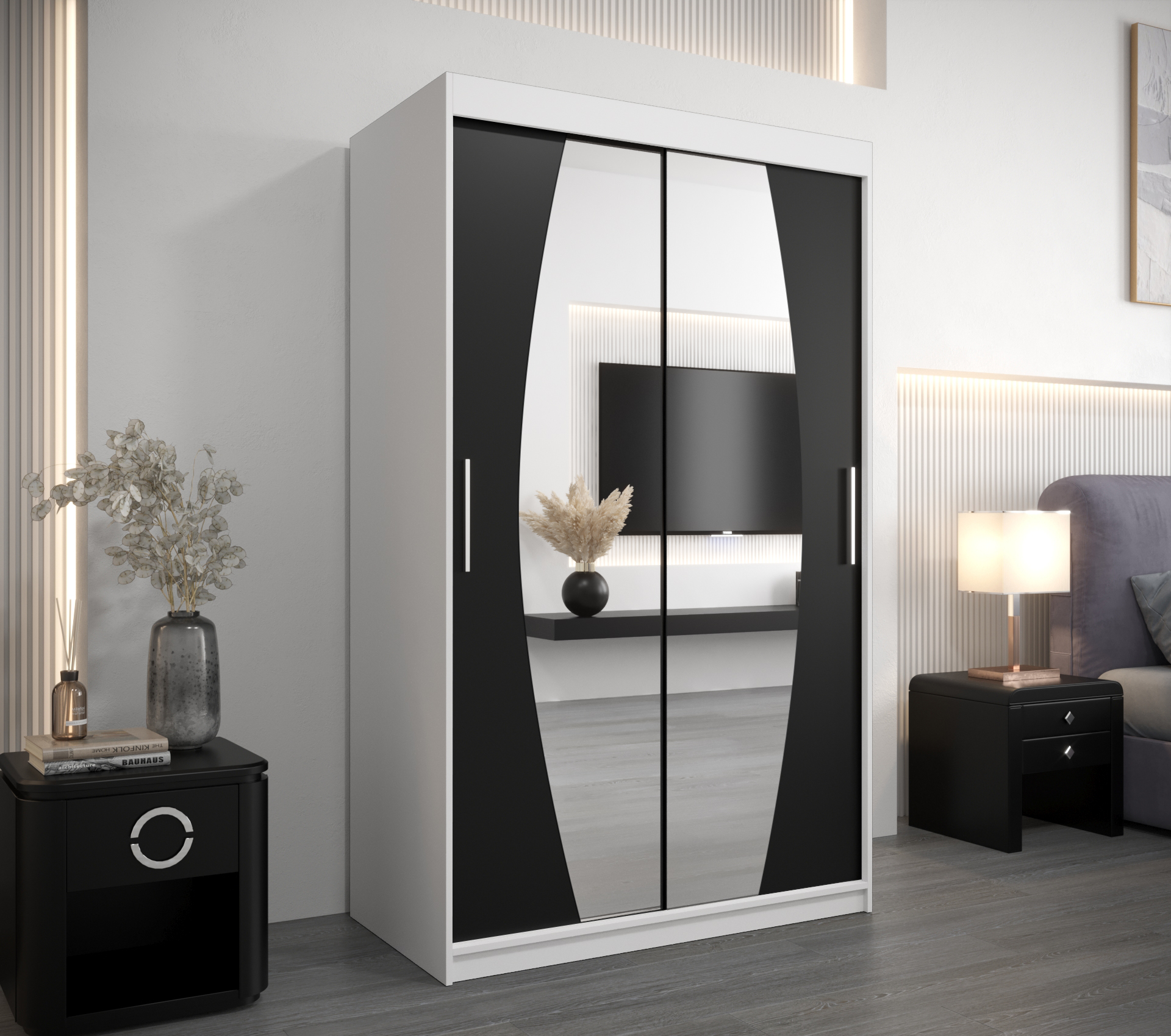 Šatní skříň Abi E0 Barva korpusu: Bílá, Rozměry: 120 cm, Dveře: Černá - Bílá,Černá