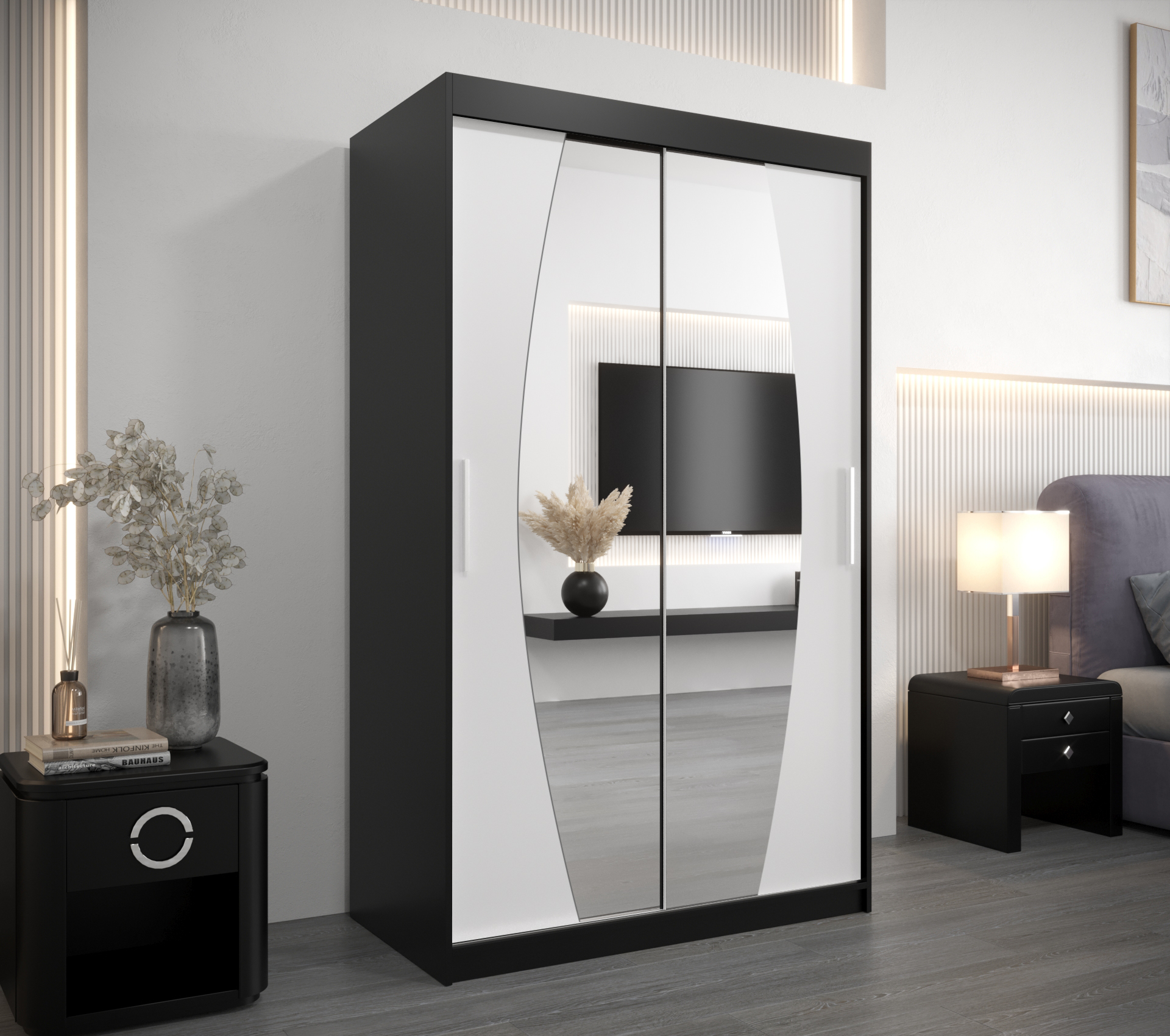 Šatní skříň Abi E0 Barva korpusu: Černá, Rozměry: 120 cm, Dveře: Bílá - Černá,Bílá