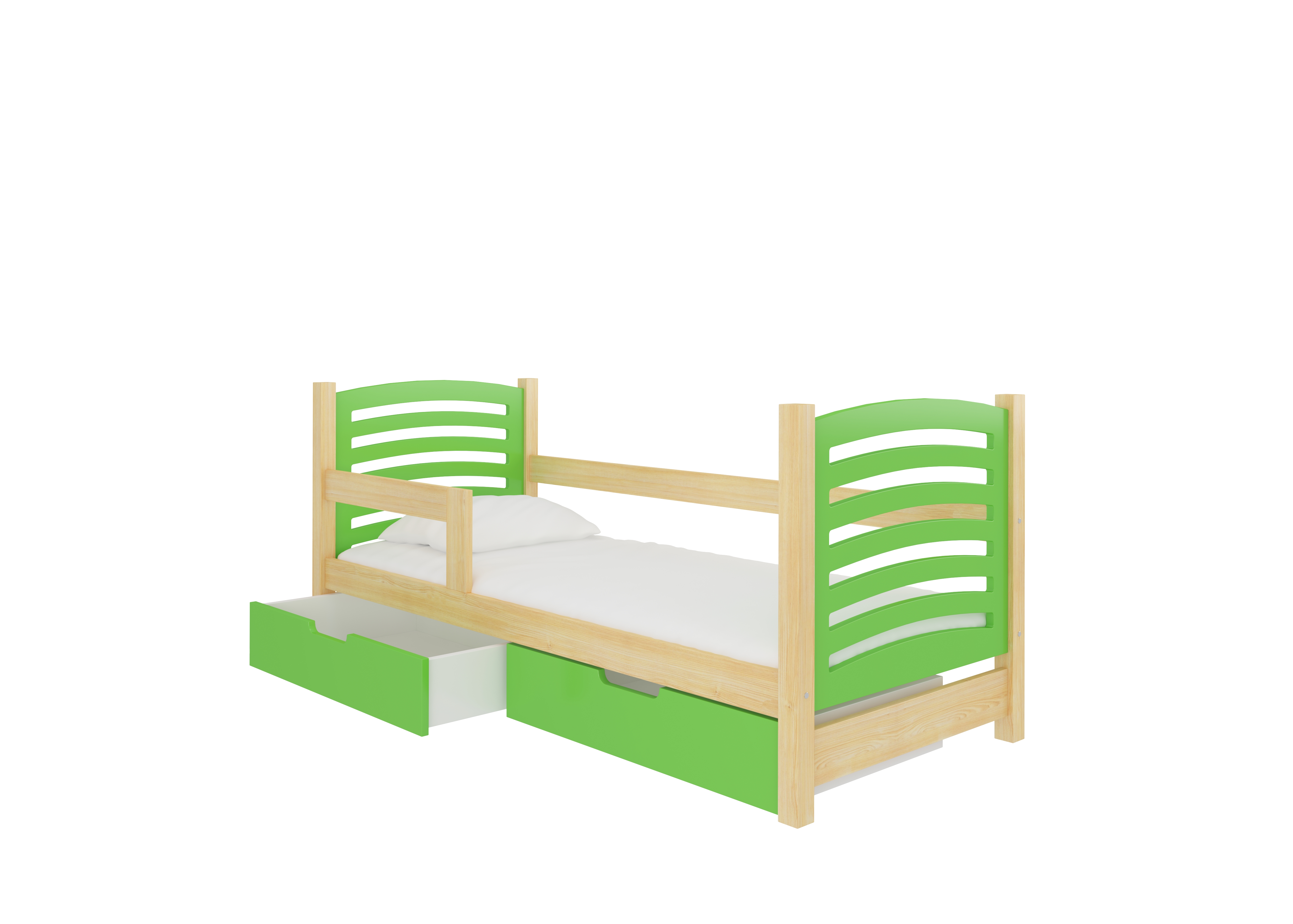 Dětská postel Camino Rám: Borovice bílá, Čela a šuplíky: Zelená - Borovice bílá,Zelená