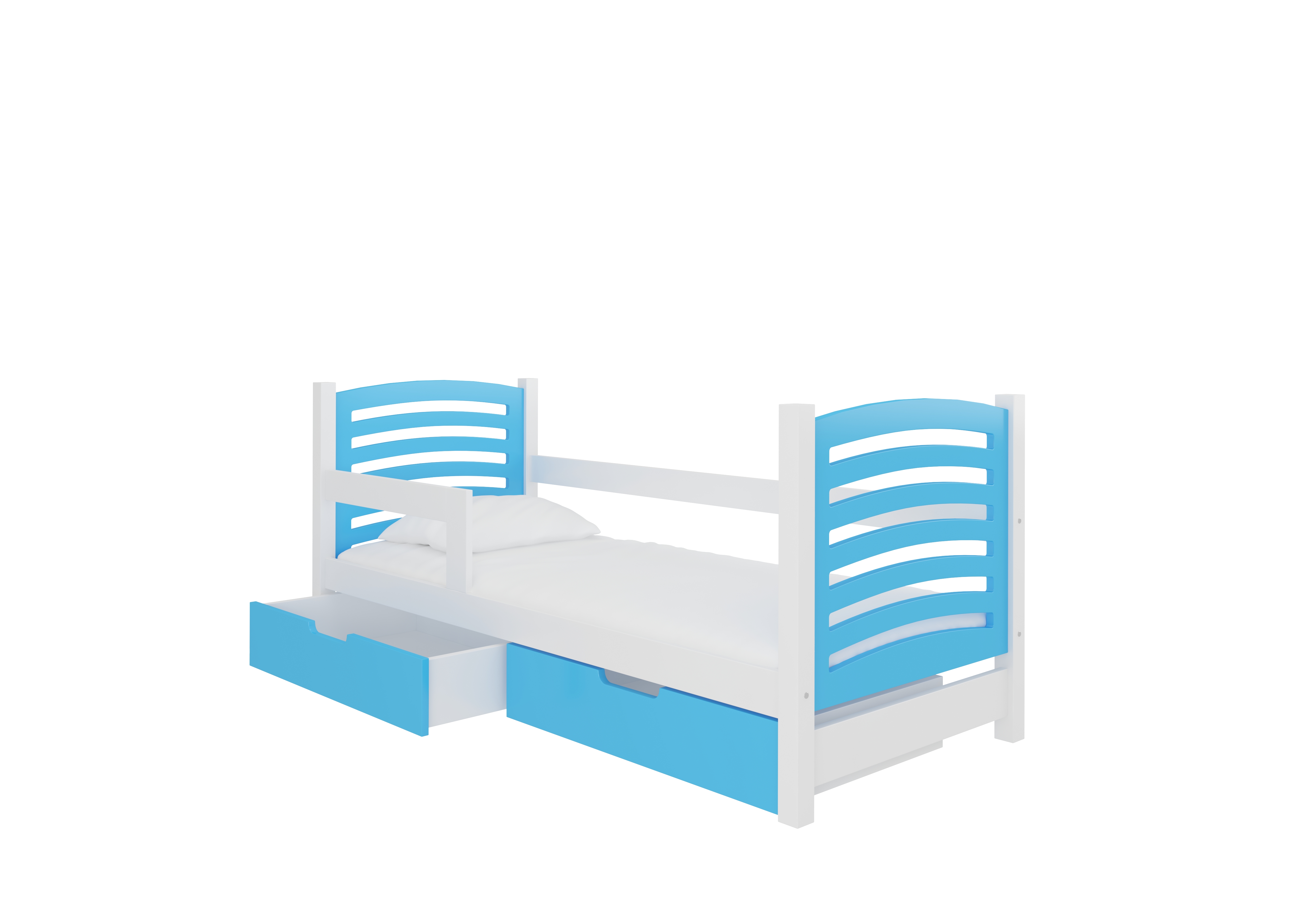 Dětská postel Camino Rám: Bílá, Čela a šuplíky: Modrá - Bílá,Modrá