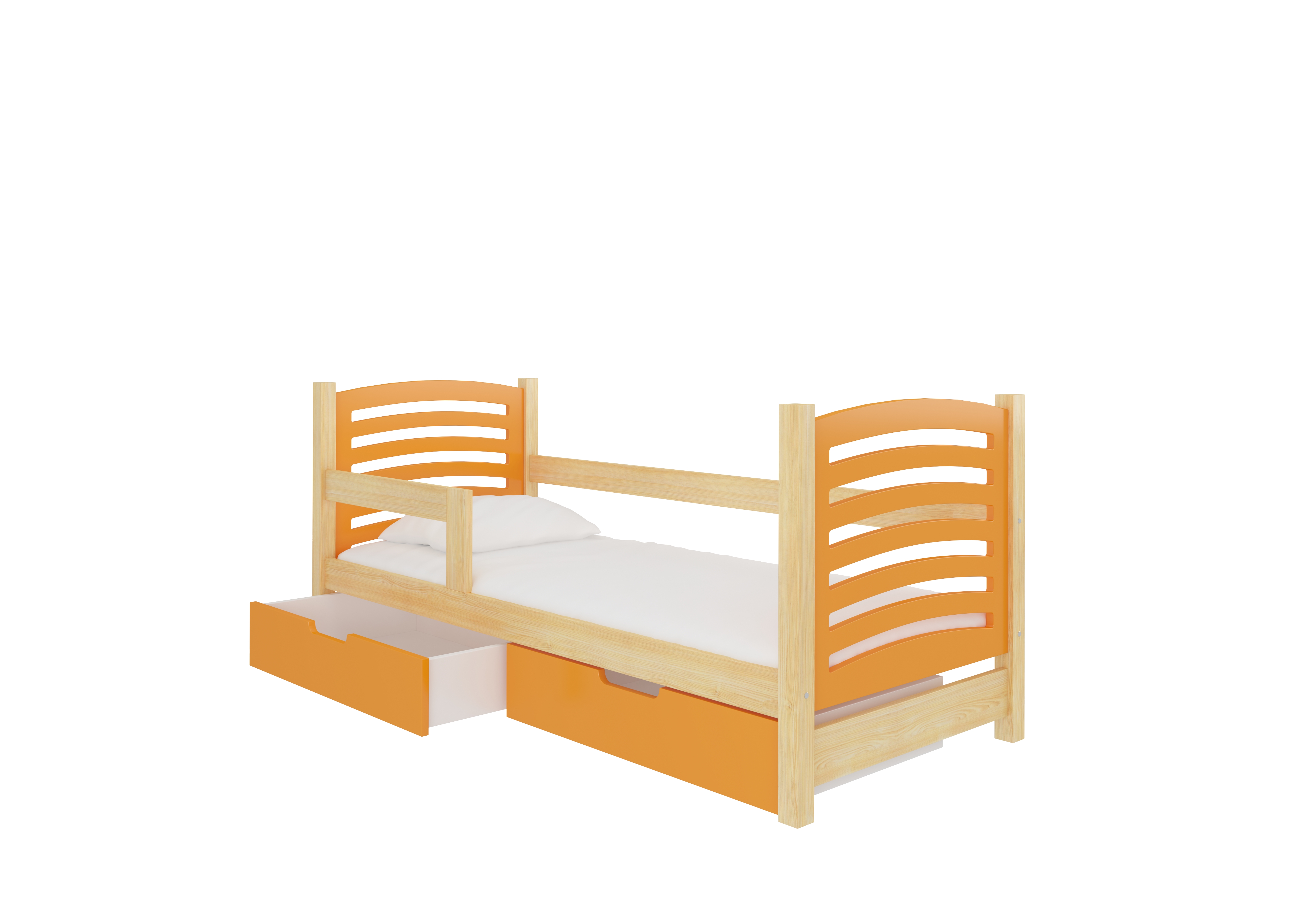 Dětská postel Camino Rám: Borovice bílá, Čela a šuplíky: Oranžová - Borovice bílá,Oranžová
