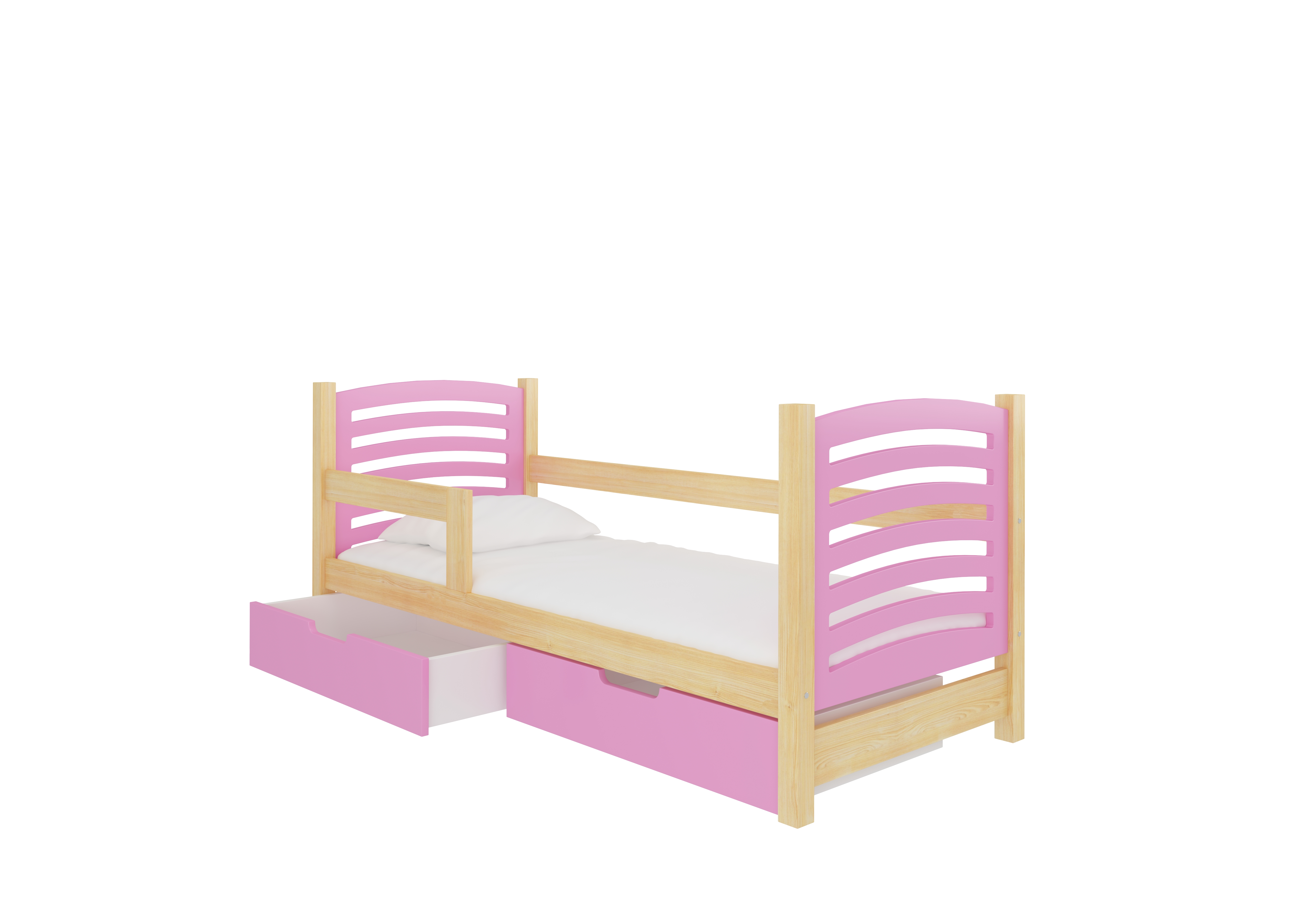 Dětská postel Camino Rám: Borovice bílá, Čela a šuplíky: Růžová - Borovice bílá,Růžová
