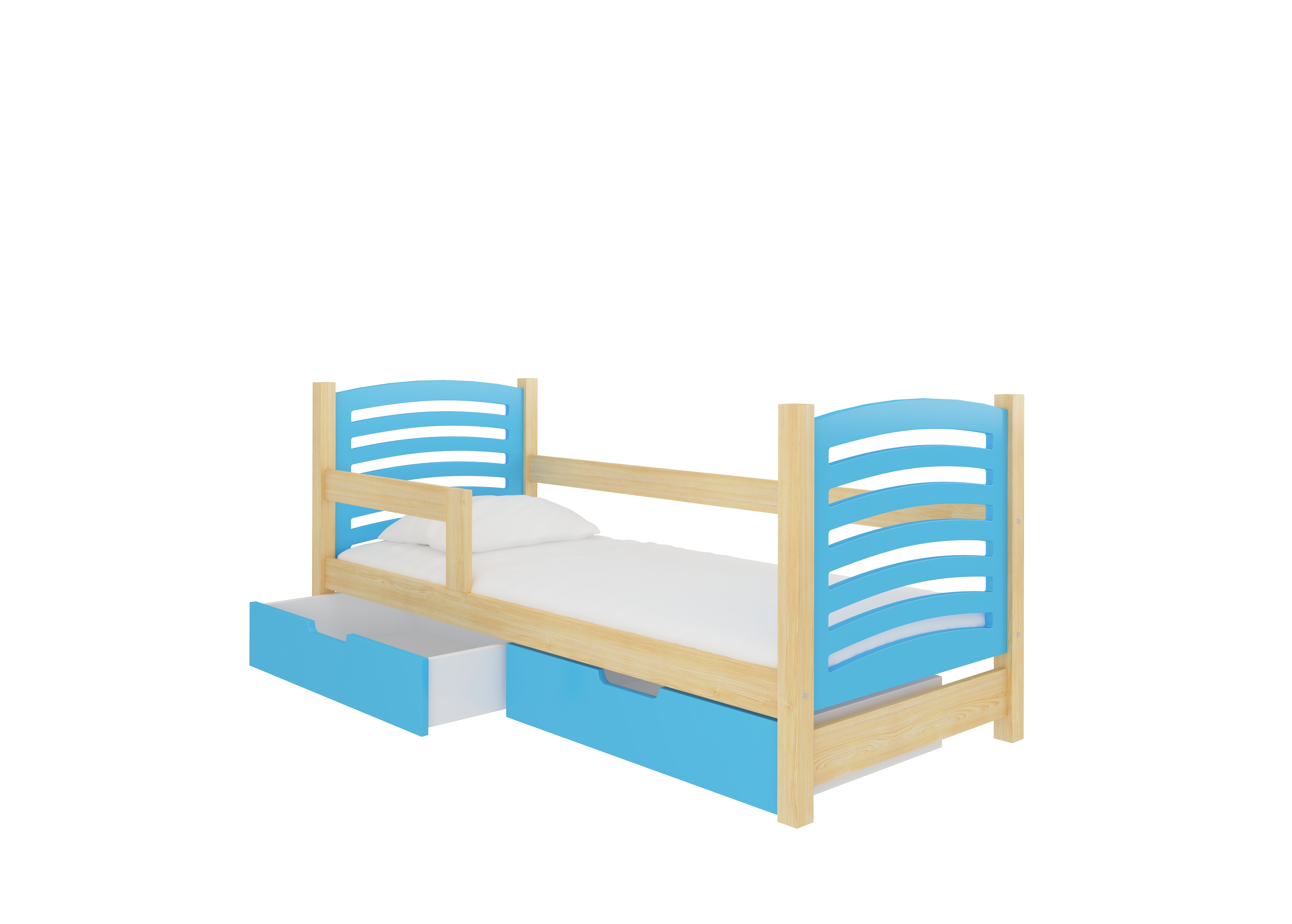 Dětská postel Camino Rám: Borovice bílá, Čela a šuplíky: Modrá - Borovice bílá,Modrá