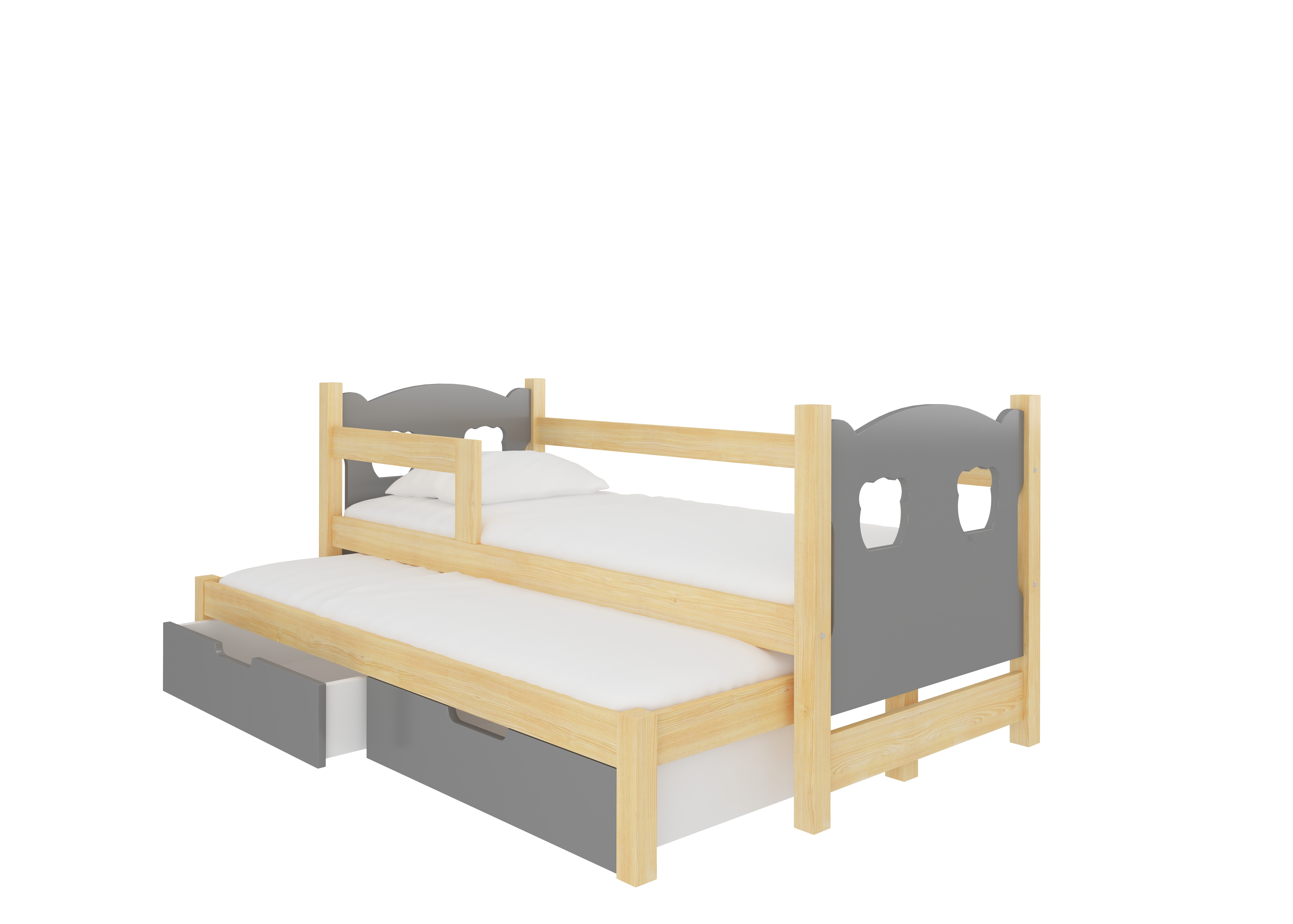 Dětská postel Campos s přistýlkou Rám: Borovice bílá, Čela a šuplíky: Šedá - Borovice bílá,Šedá