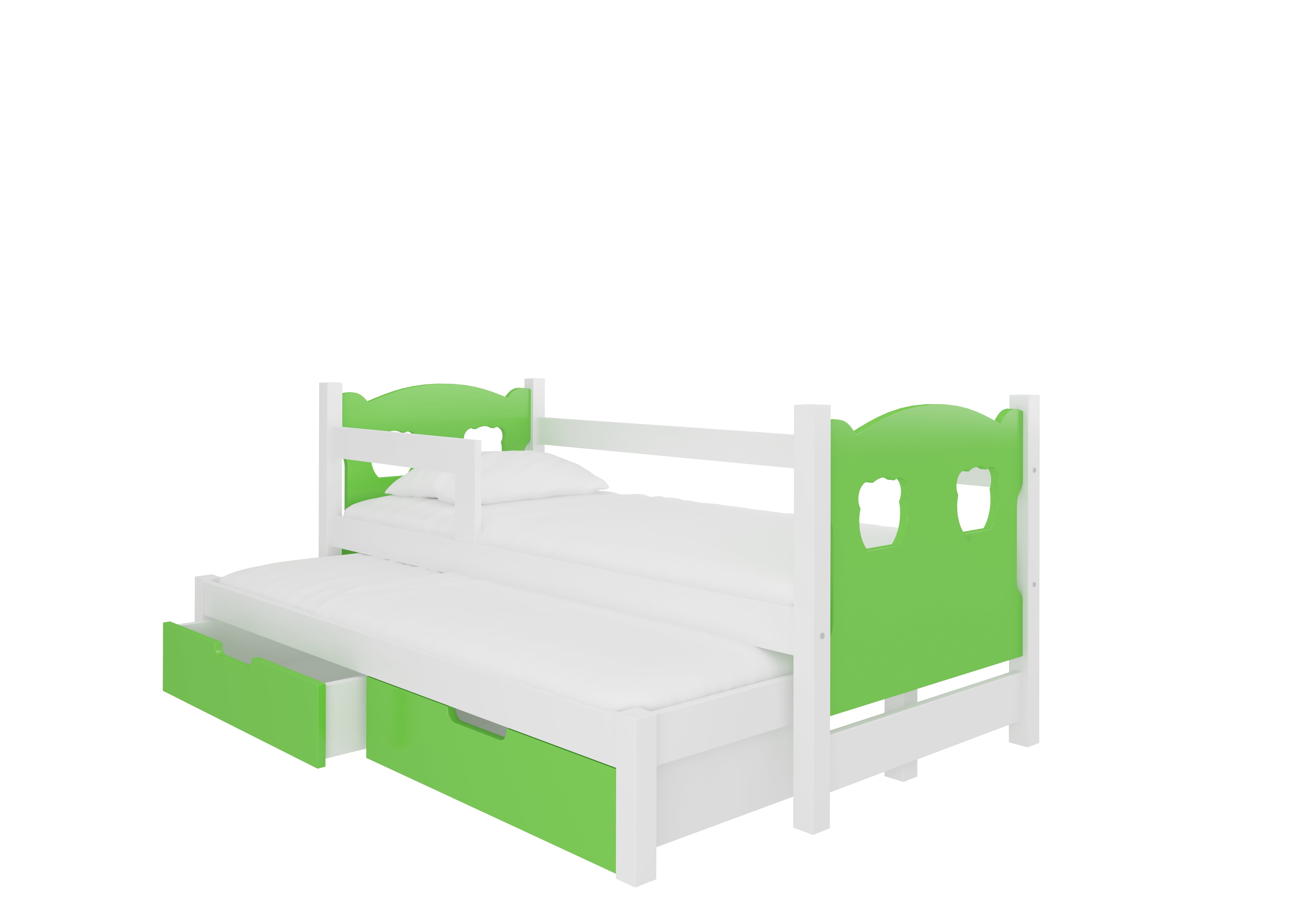 Dětská postel Campos s přistýlkou Rám: Bílá, Čela a šuplíky: Zelená - Bílá,Zelená