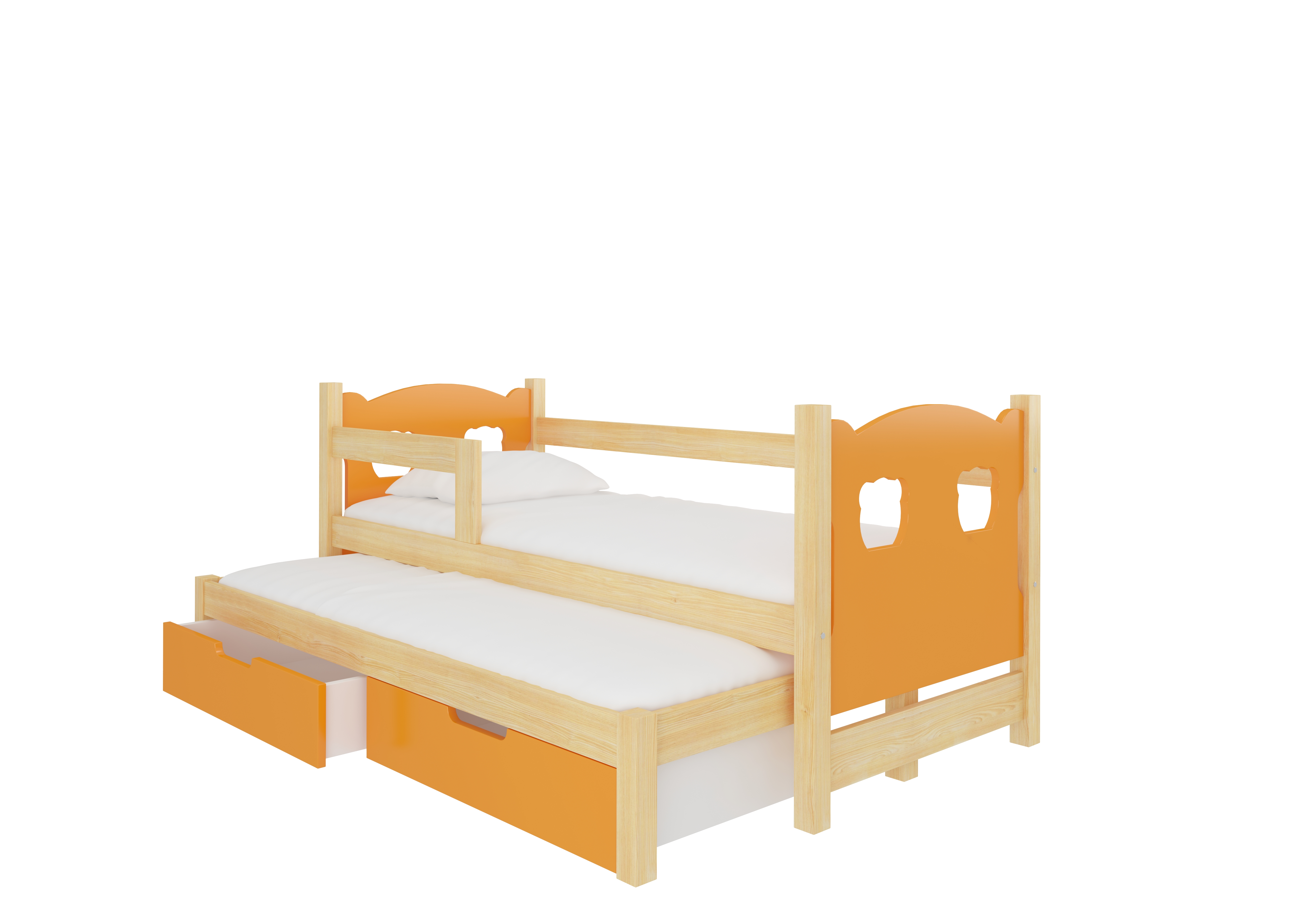 Dětská postel Campos s přistýlkou Rám: Borovice bílá, Čela a šuplíky: Oranžová - Borovice bílá,Oranž