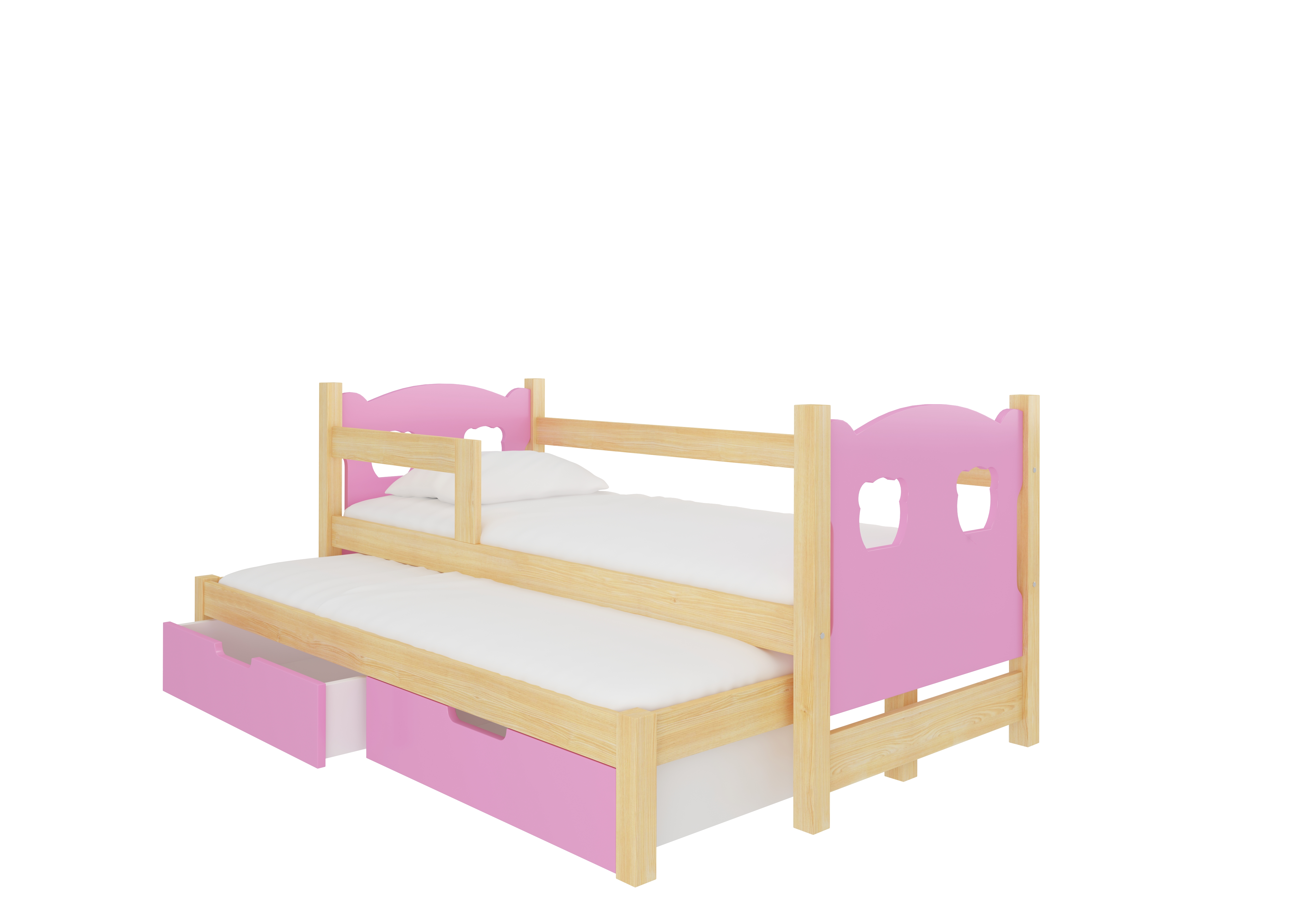 Dětská postel Campos s přistýlkou Rám: Borovice bílá, Čela a šuplíky: Růžová - Borovice bílá,Růžová