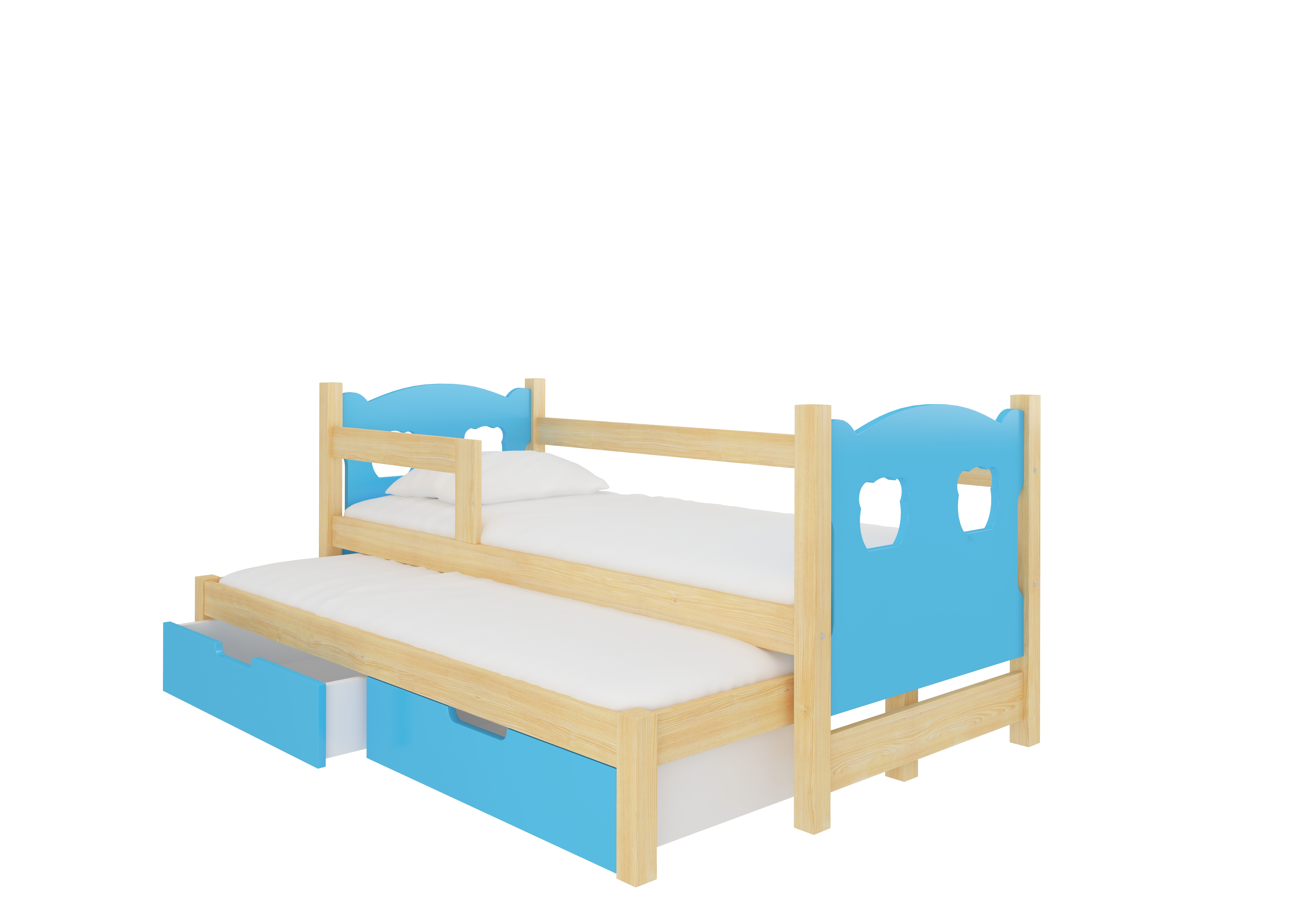 Dětská postel Campos s přistýlkou Rám: Borovice bílá, Čela a šuplíky: Modrá - Borovice bílá,Modrá