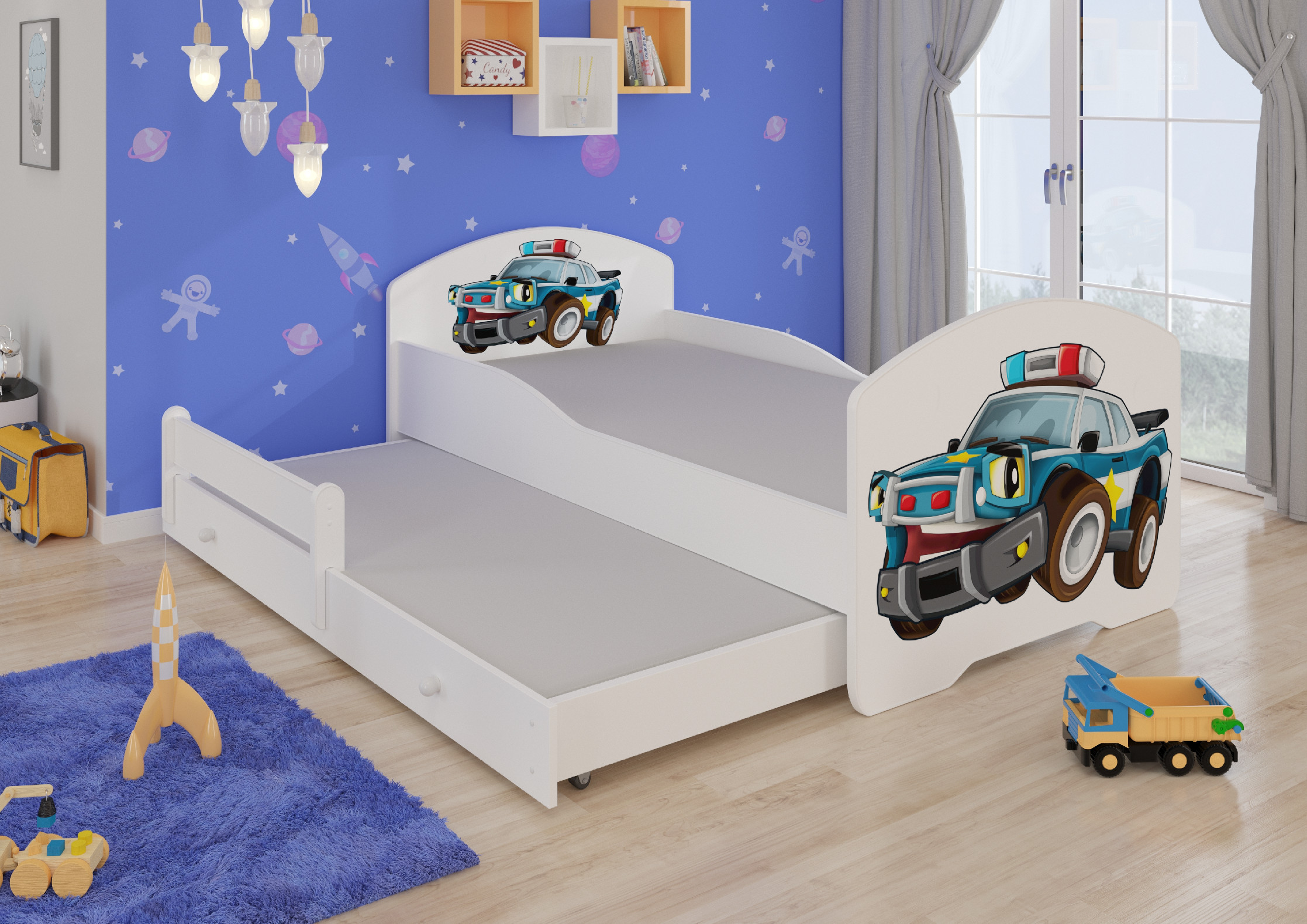 Dětská postel s obrázky - čelo Pepe II Rozměr: 160 x 80 cm, Obrázek: Policejní auto