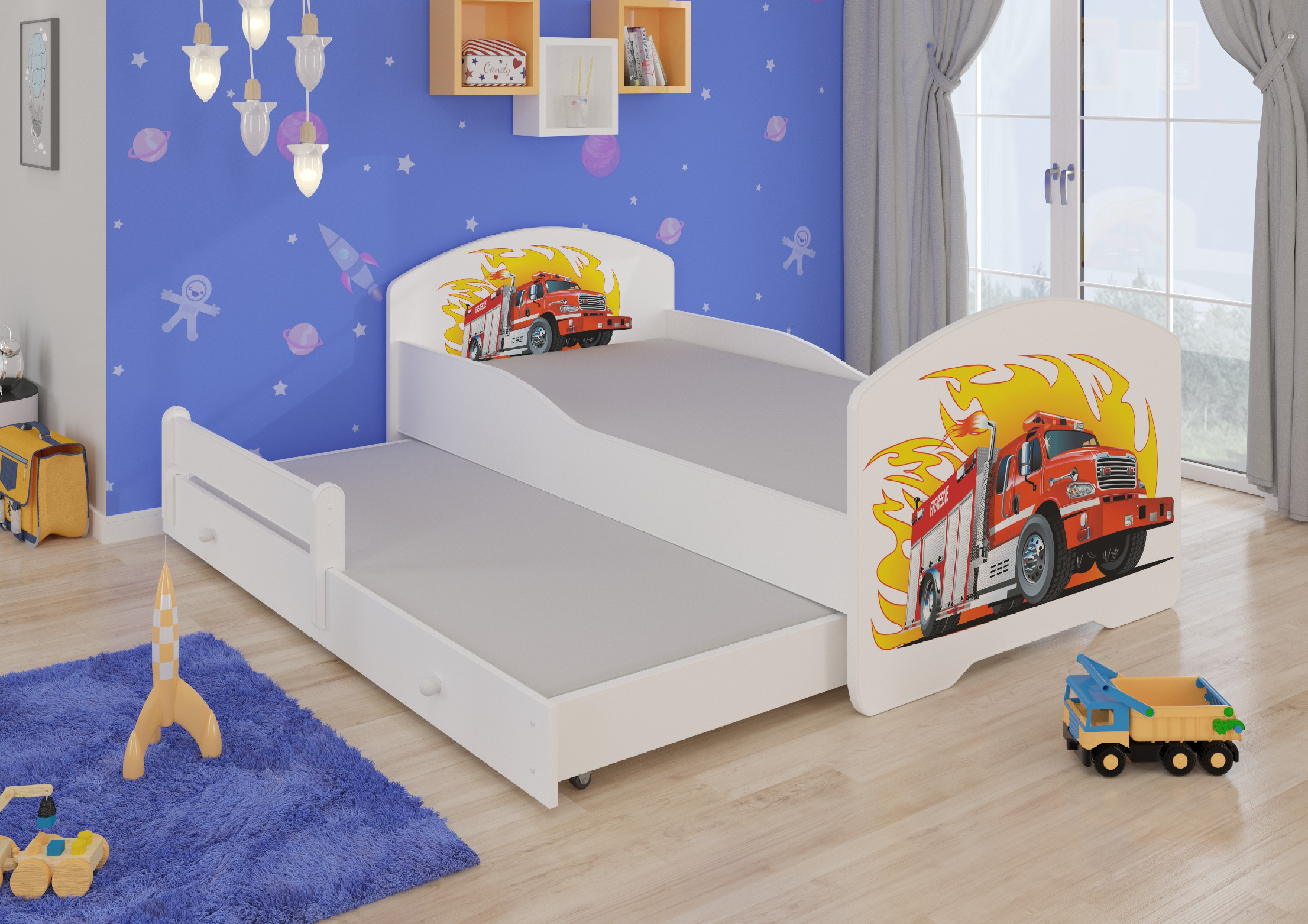 Dětská postel s obrázky - čelo Pepe II Rozměr: 160 x 80 cm, Obrázek: Hasiči