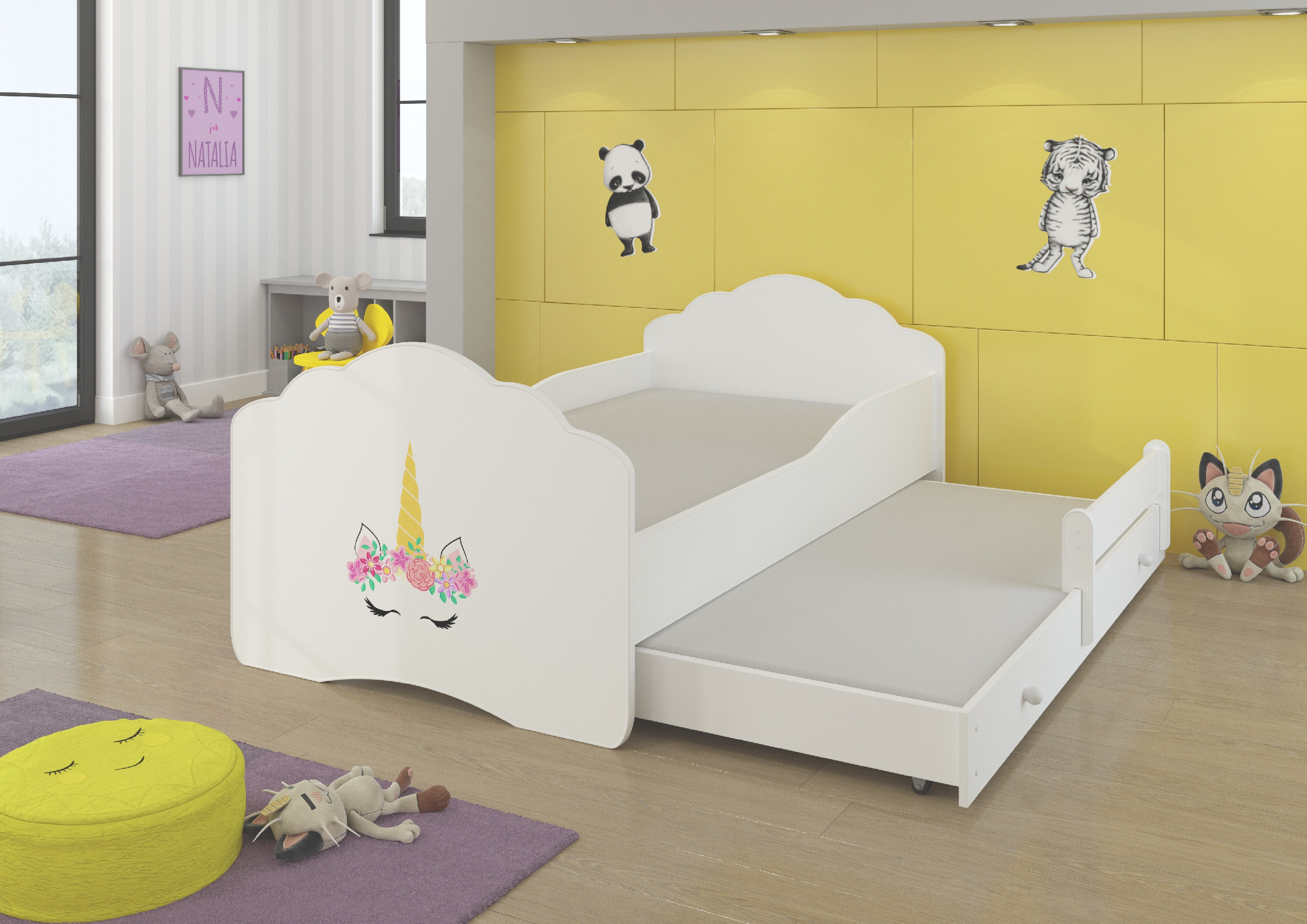 Dětská postel s obrázky - čelo Casimo II Rozměr: 160 x 80 cm, Obrázek: Jednorožec s Květinami