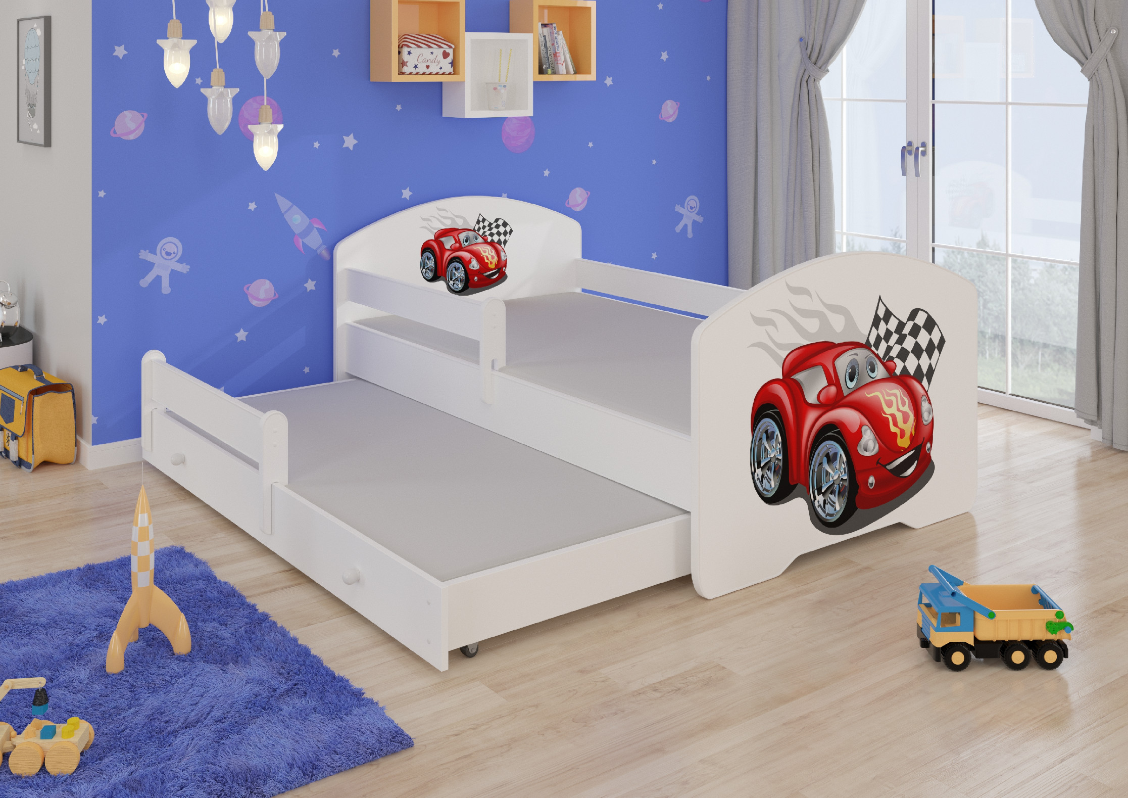 Dětská postel s obrázky - čelo Pepe II bar Rozměr: 160 x 80 cm, Obrázek: Závodní auto