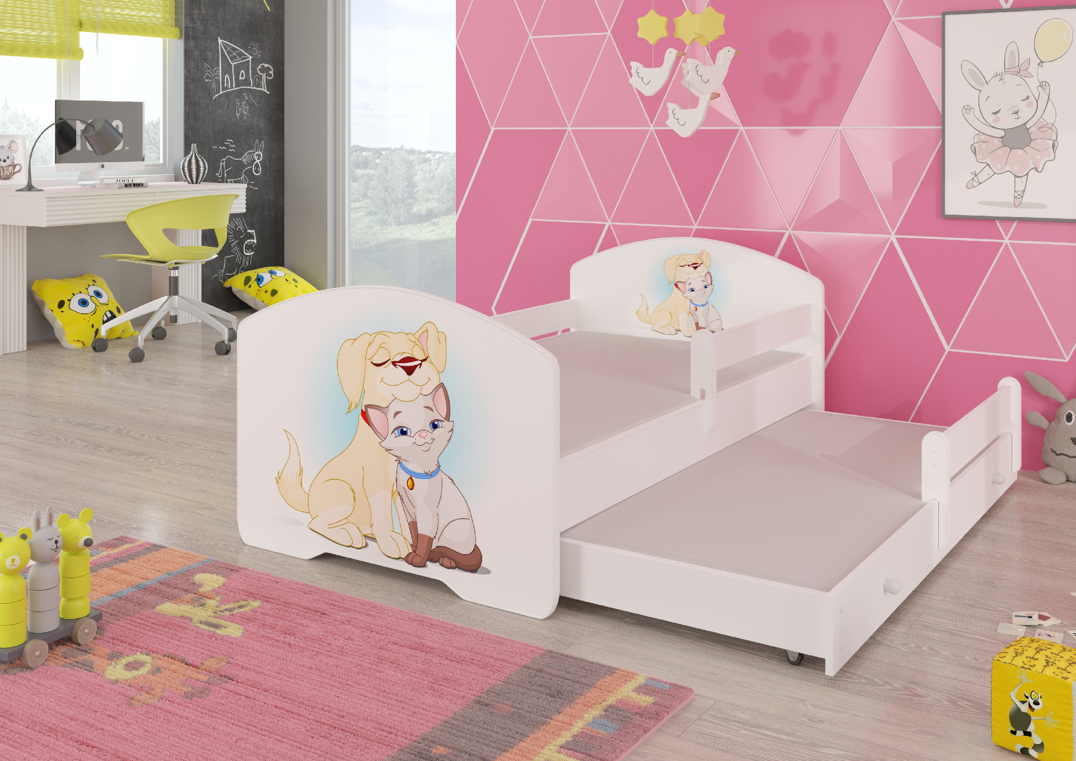 Dětská postel s obrázky - čelo Pepe II bar Rozměr: 160 x 80 cm, Obrázek: Pejsek a Kočička
