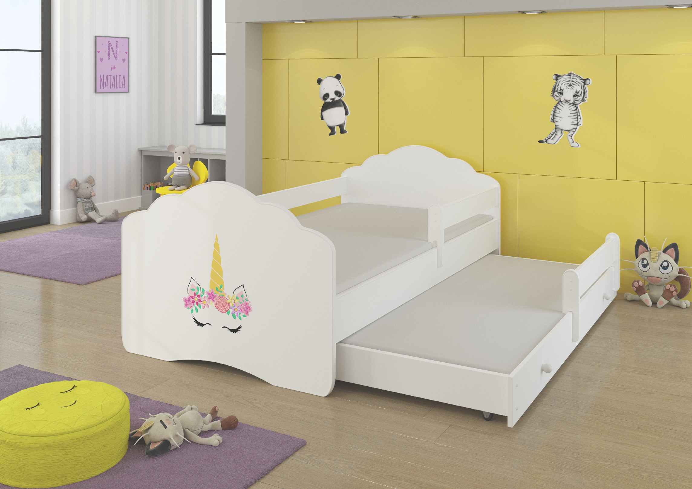Dětská postel s obrázky - čelo Casimo II bar Rozměr: 160 x 80 cm, Obrázek: Jednorožec s Květinami