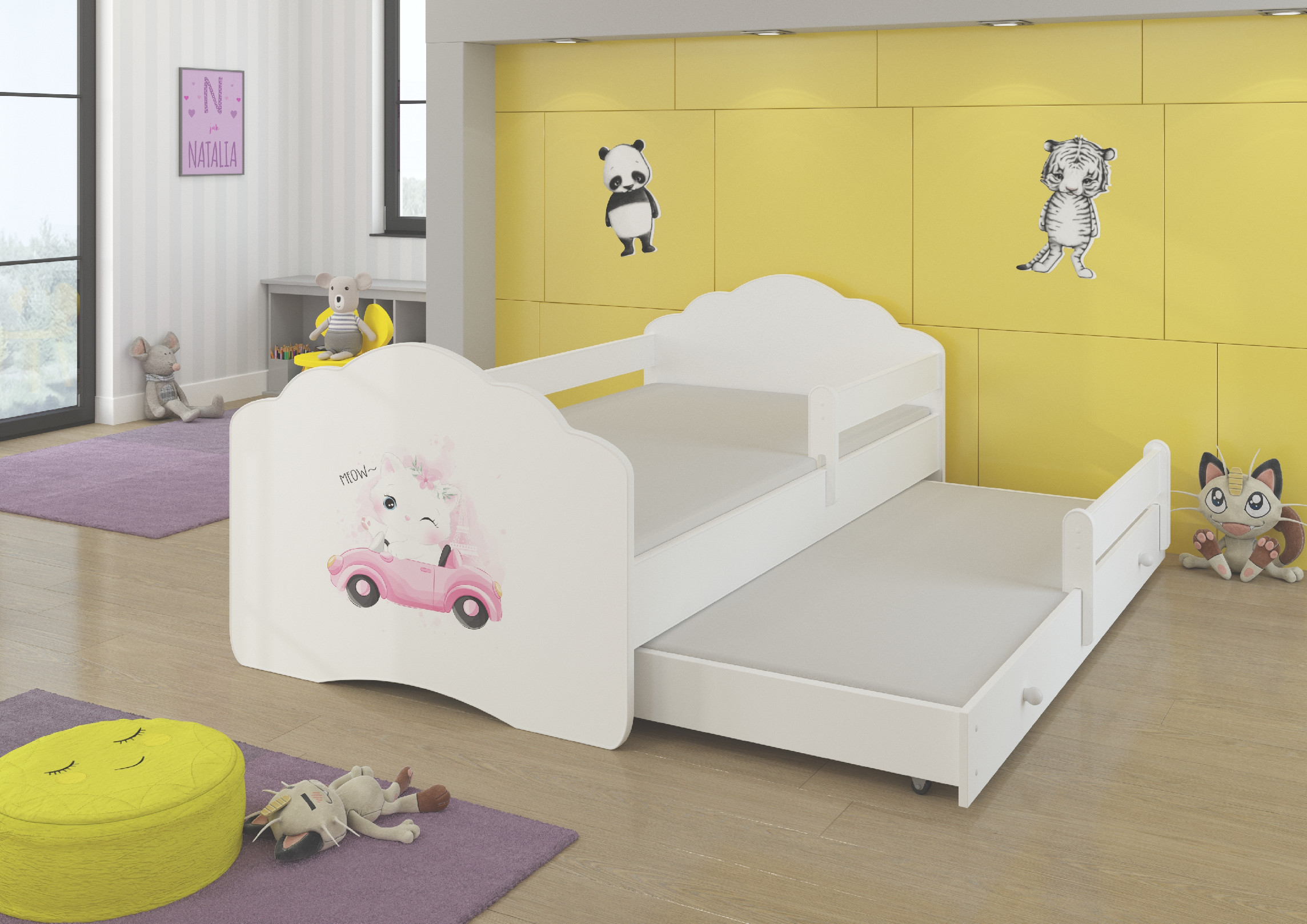 Dětská postel s obrázky - čelo Casimo II bar Rozměr: 160 x 80 cm, Obrázek: Kočka v Autě