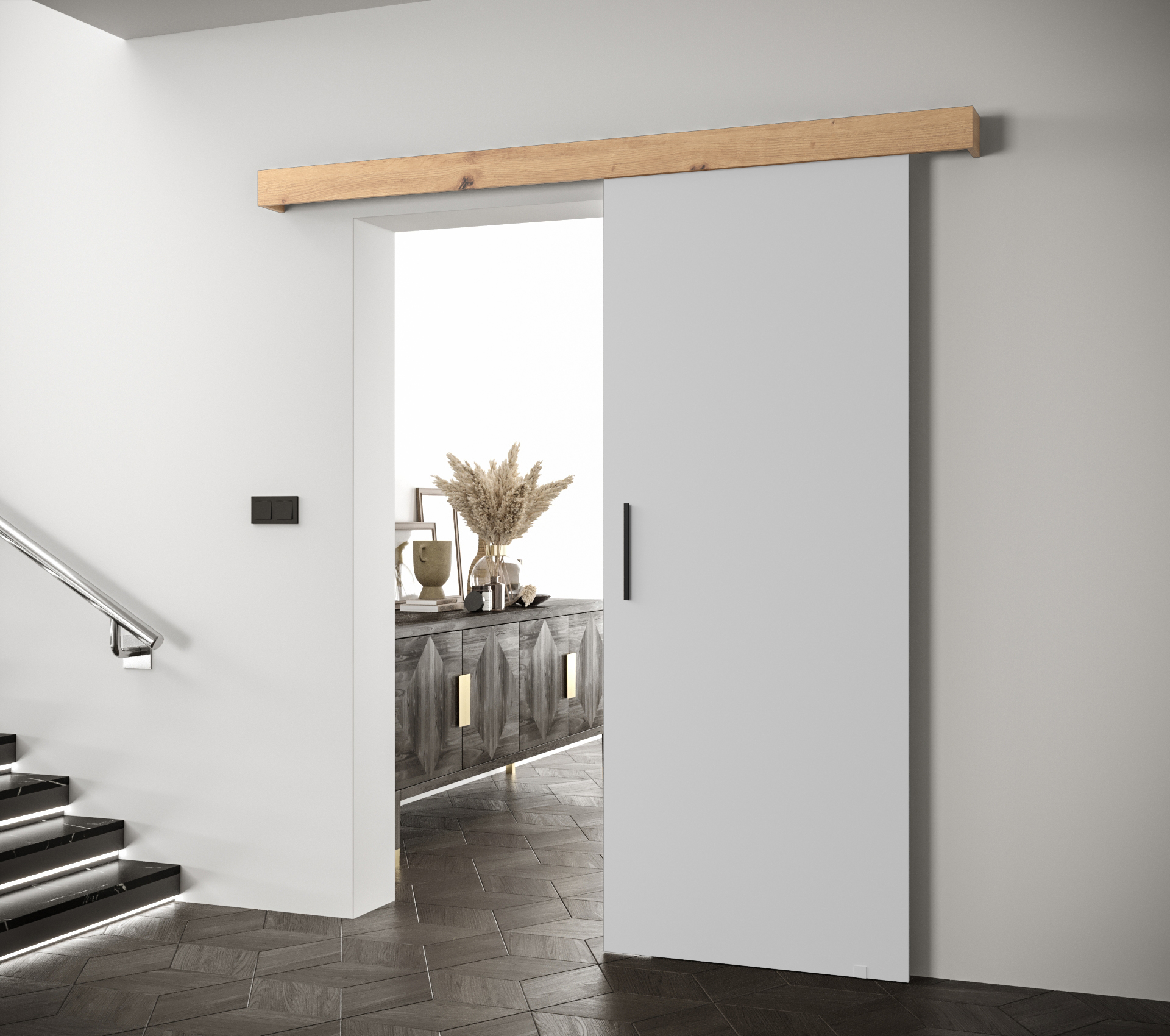Posuvné dveře Salwador I Dveře: Bíle mat, Pásky / úchyty: Černá, Horní pojezdová lišta: Dub artisan