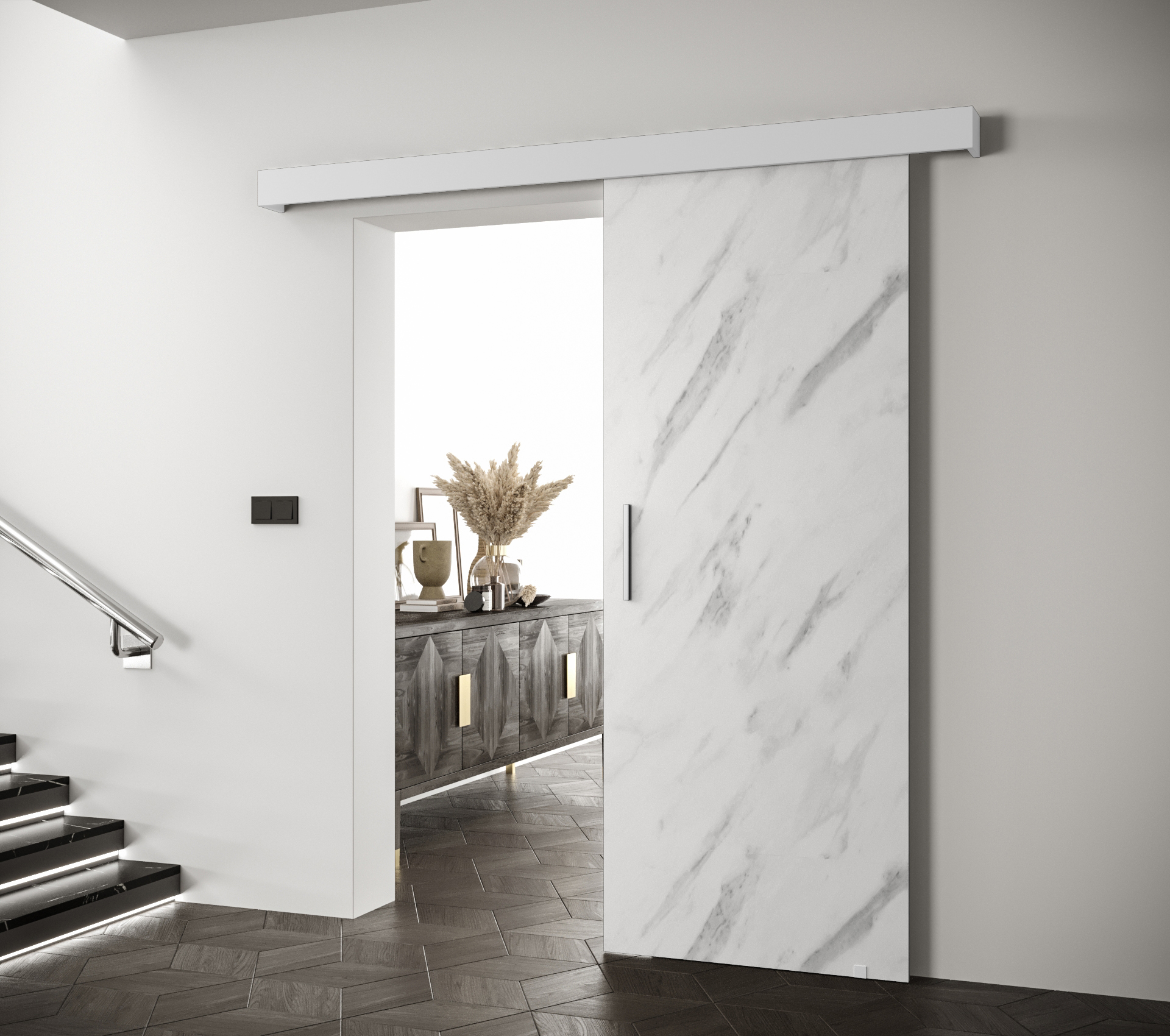 Posuvné dveře Salwador I Dveře: Bílý Marmur, Pásky / úchyty: Stříbrné, Horní pojezdová lišta: Bílá