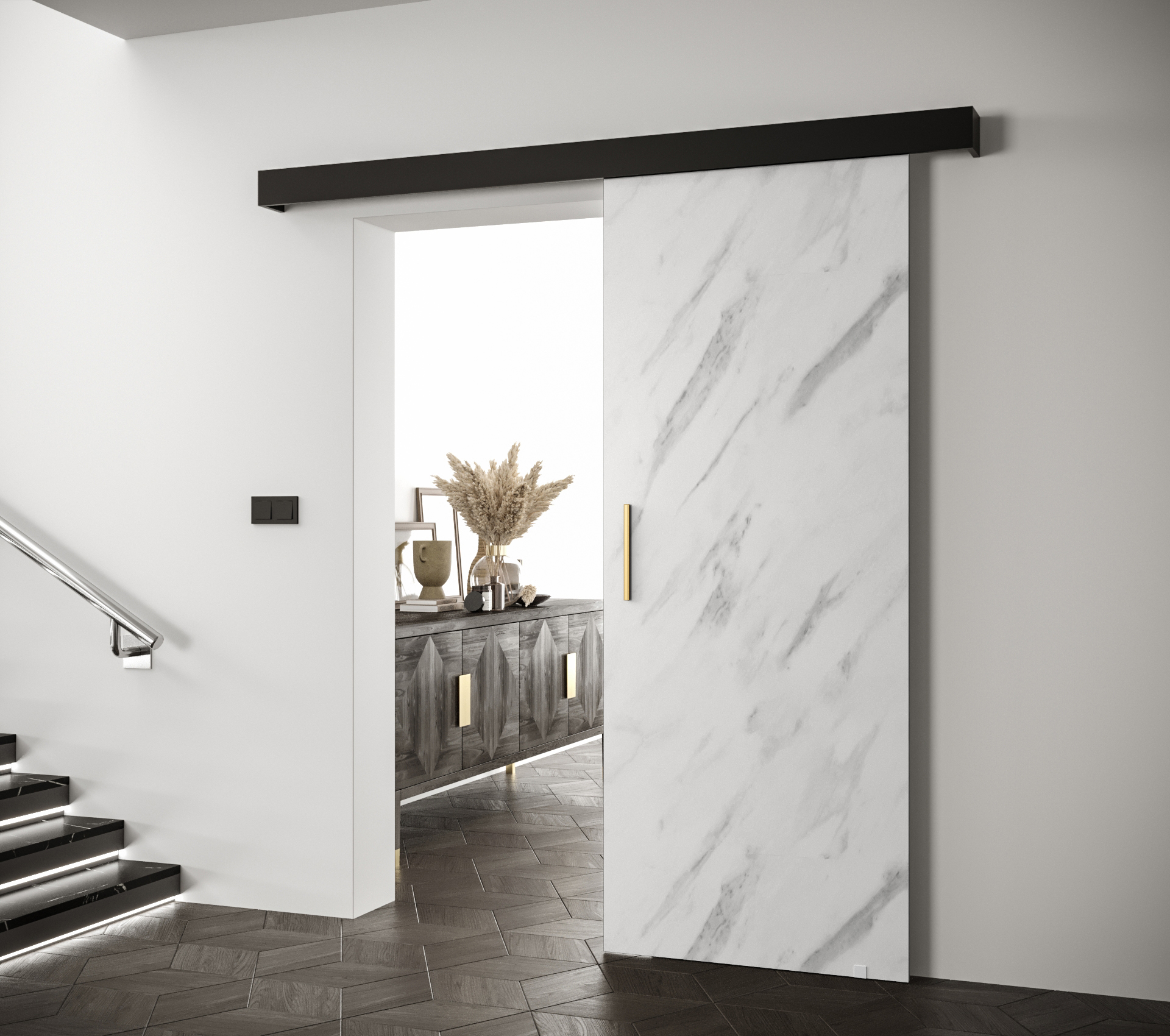 Posuvné dveře Salwador I Dveře: Bílý Marmur, Pásky / úchyty: Zlatý, Horní pojezdová lišta: Černá