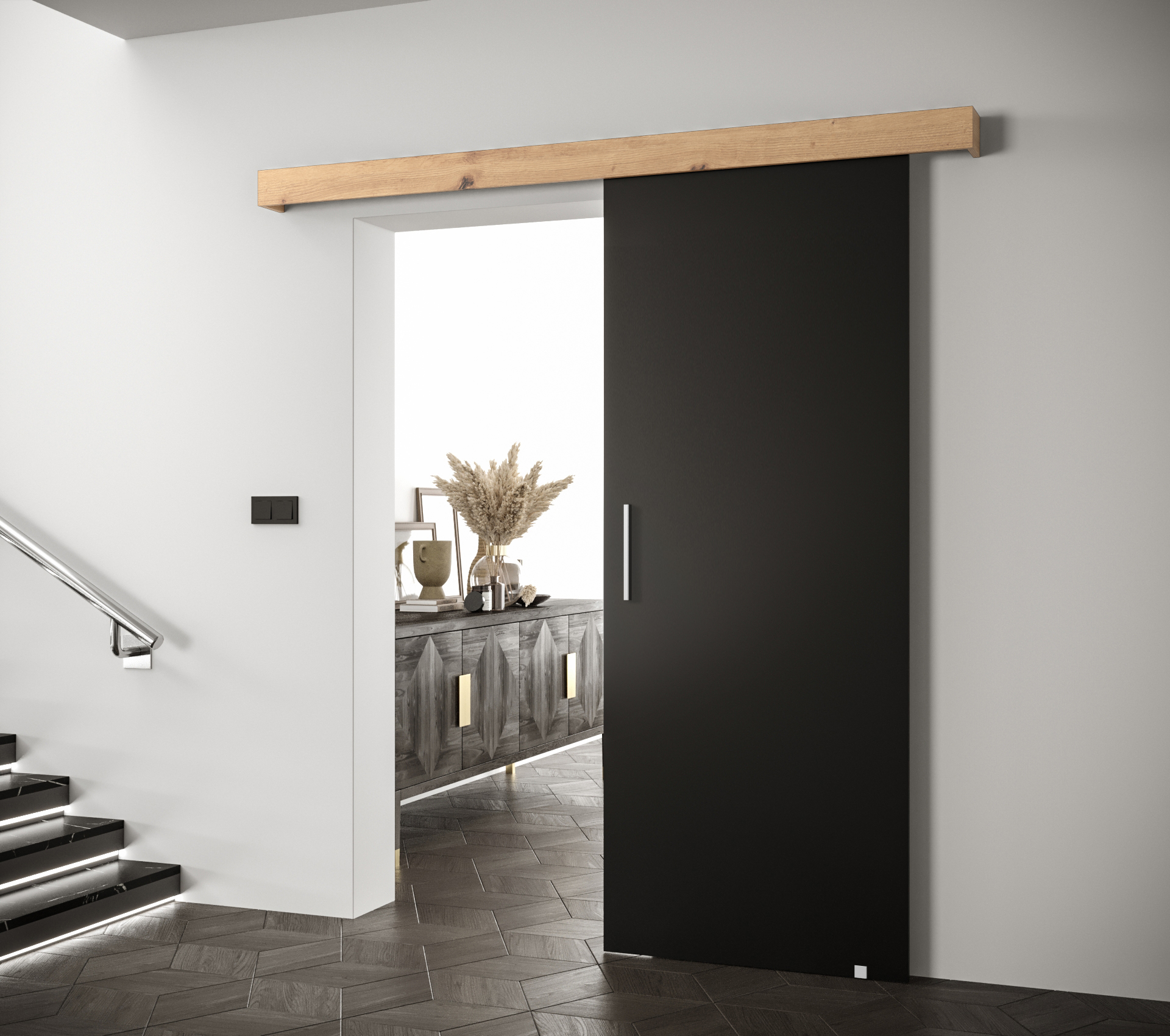 Posuvné dveře Salwador I Dveře: Černá, Pásky / úchyty: Stříbrné, Horní pojezdová lišta: Dub artisan
