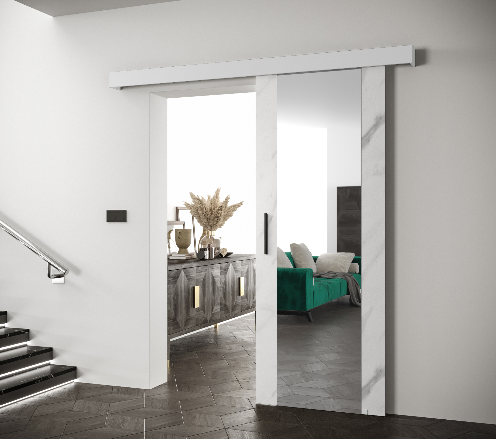 Posuvné dveře Salwador II Dveře: Bílý Marmur, Pásky / úchyty: Černá, Horní pojezdová lišta: Bílá