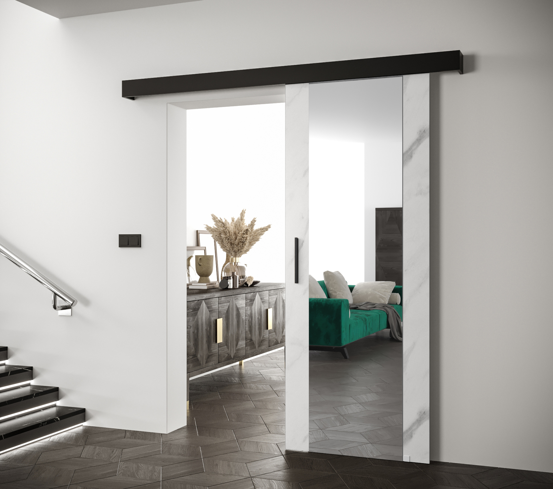 Posuvné dveře Salwador II Dveře: Bílý Marmur, Pásky / úchyty: Černá, Horní pojezdová lišta: Černá