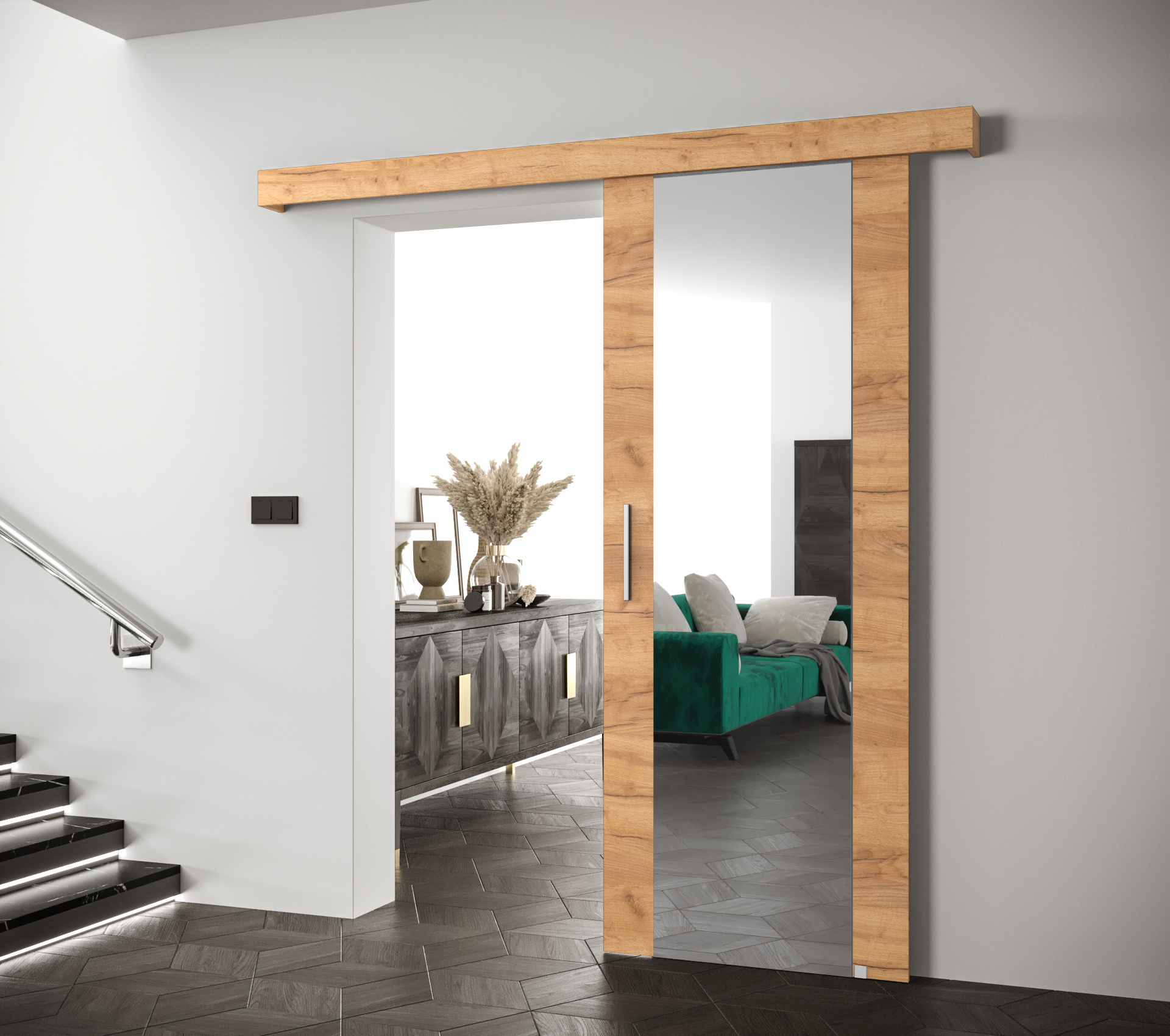 Posuvné dveře Salwador II Dveře: Craft zlatý, Pásky / úchyty: Stříbrné, Horní pojezdová lišta: Craft zlatý