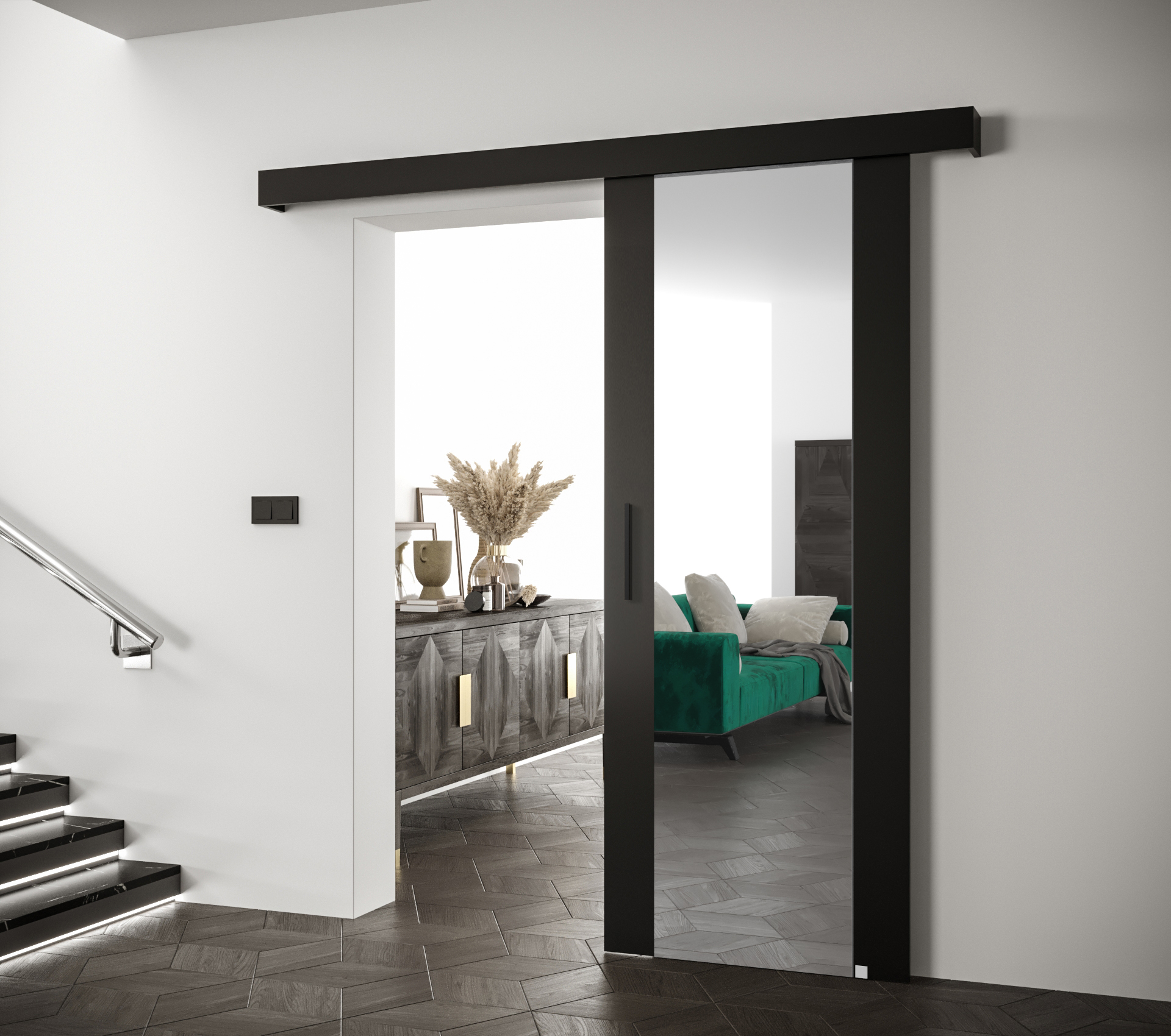 Posuvné dveře Salwador II Dveře: Černá, Pásky / úchyty: Černá, Horní pojezdová lišta: Černá