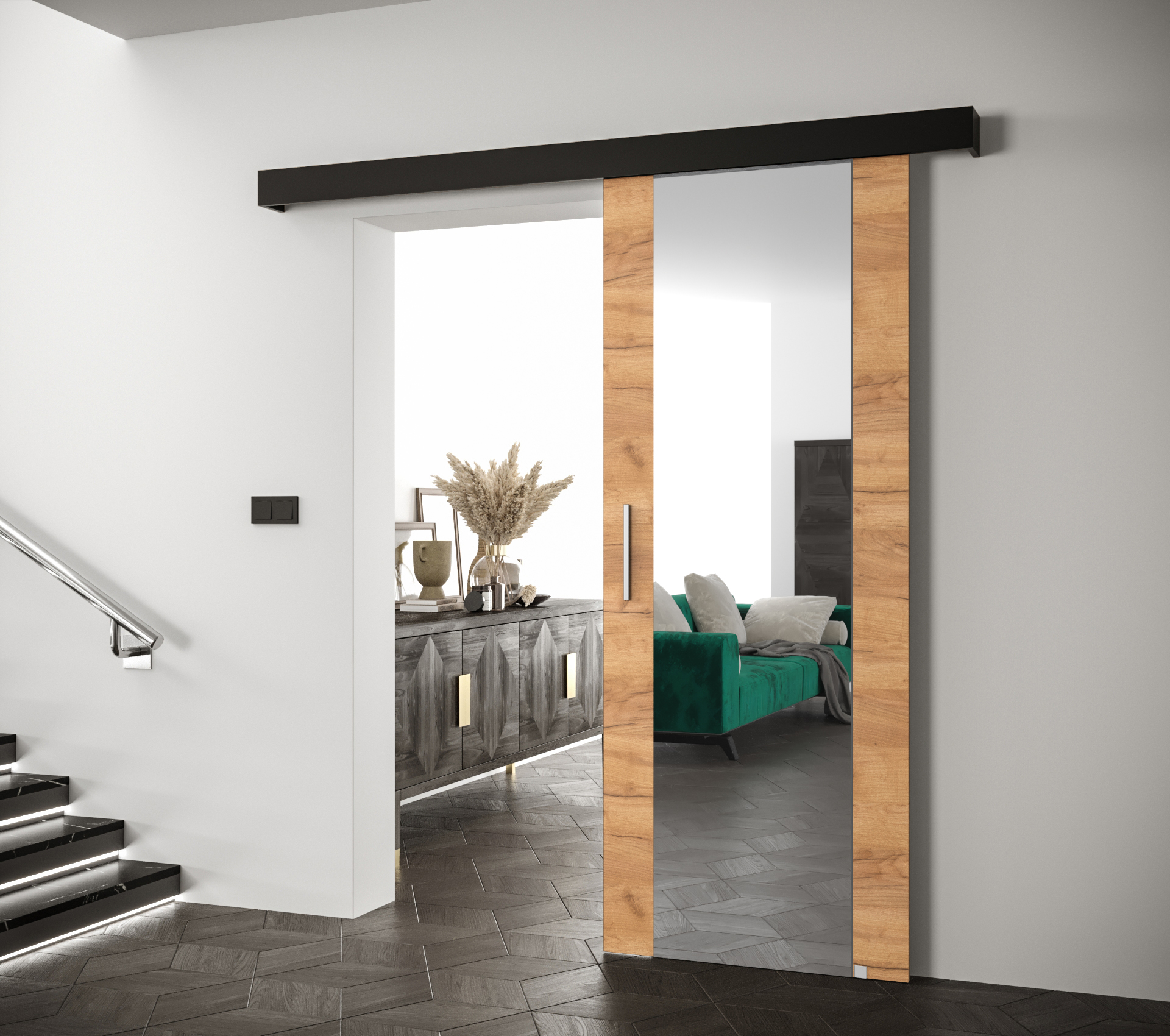 Posuvné dveře Salwador II Dveře: Craft zlatý, Pásky / úchyty: Stříbrné, Horní pojezdová lišta: Černá