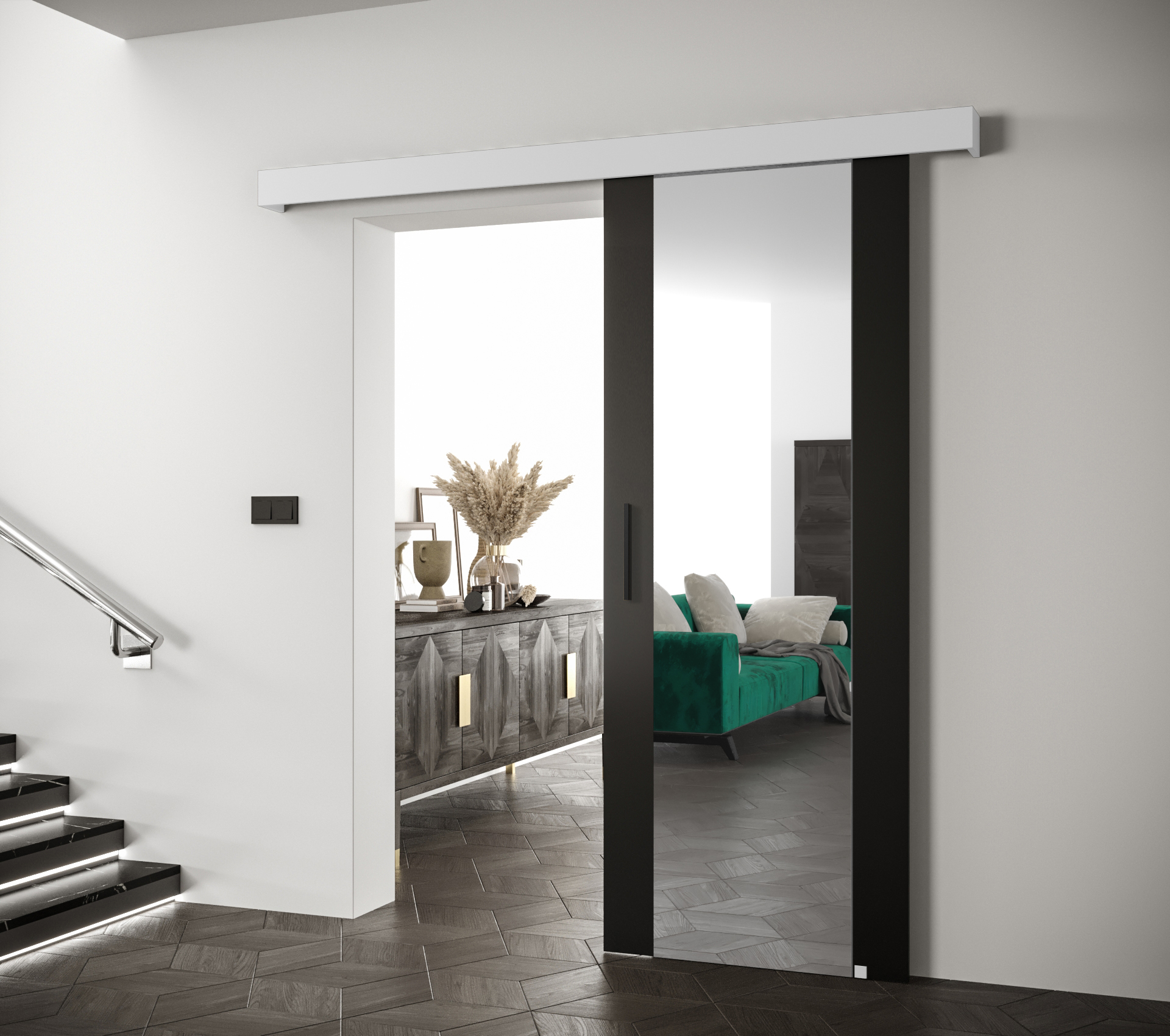 Posuvné dveře Salwador II Dveře: Černá, Pásky / úchyty: Černá, Horní pojezdová lišta: Bílá