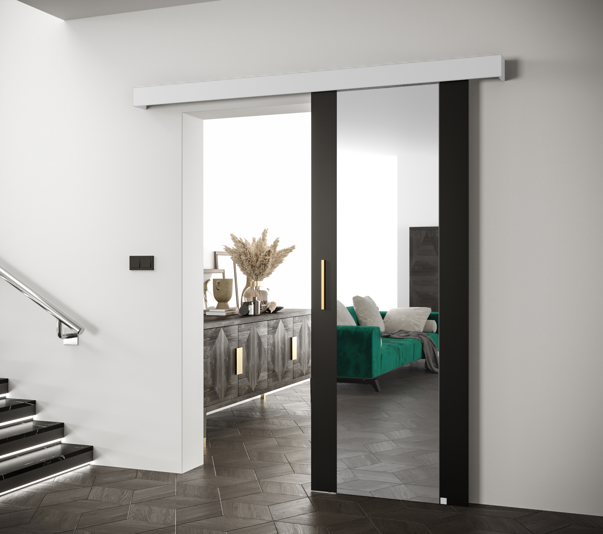 Posuvné dveře Salwador II Dveře: Černá, Pásky / úchyty: Zlatý, Horní pojezdová lišta: Bílá