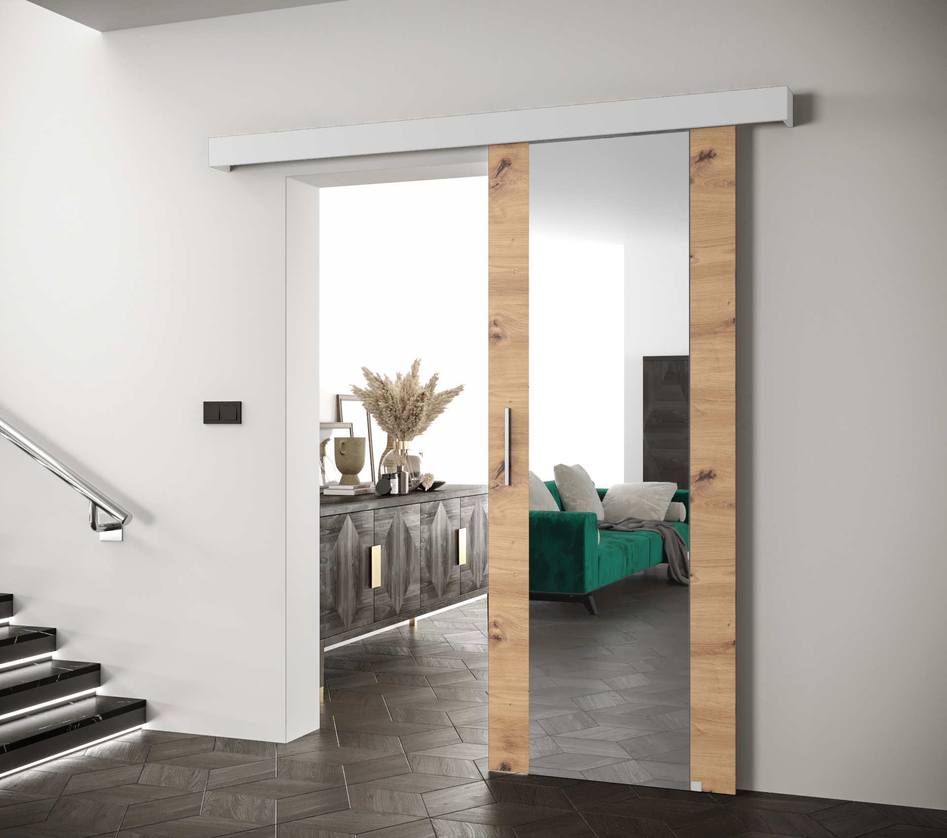 Posuvné dveře Salwador II Dveře: Dub artisan, Pásky / úchyty: Stříbrné, Horní pojezdová lišta: Bílá