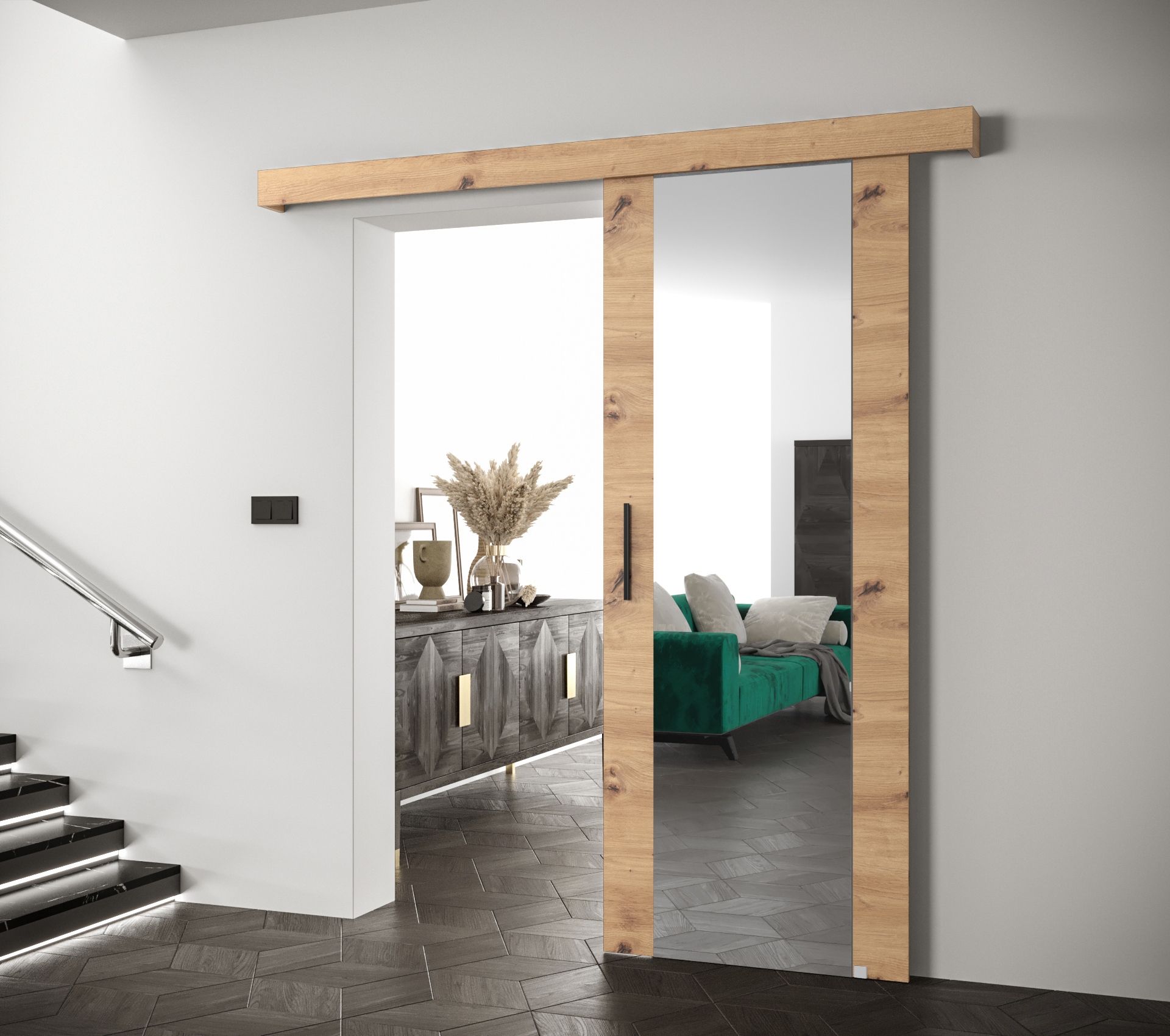 Posuvné dveře Salwador II Dveře: Dub artisan, Pásky / úchyty: Černá, Horní pojezdová lišta: Dub artisan