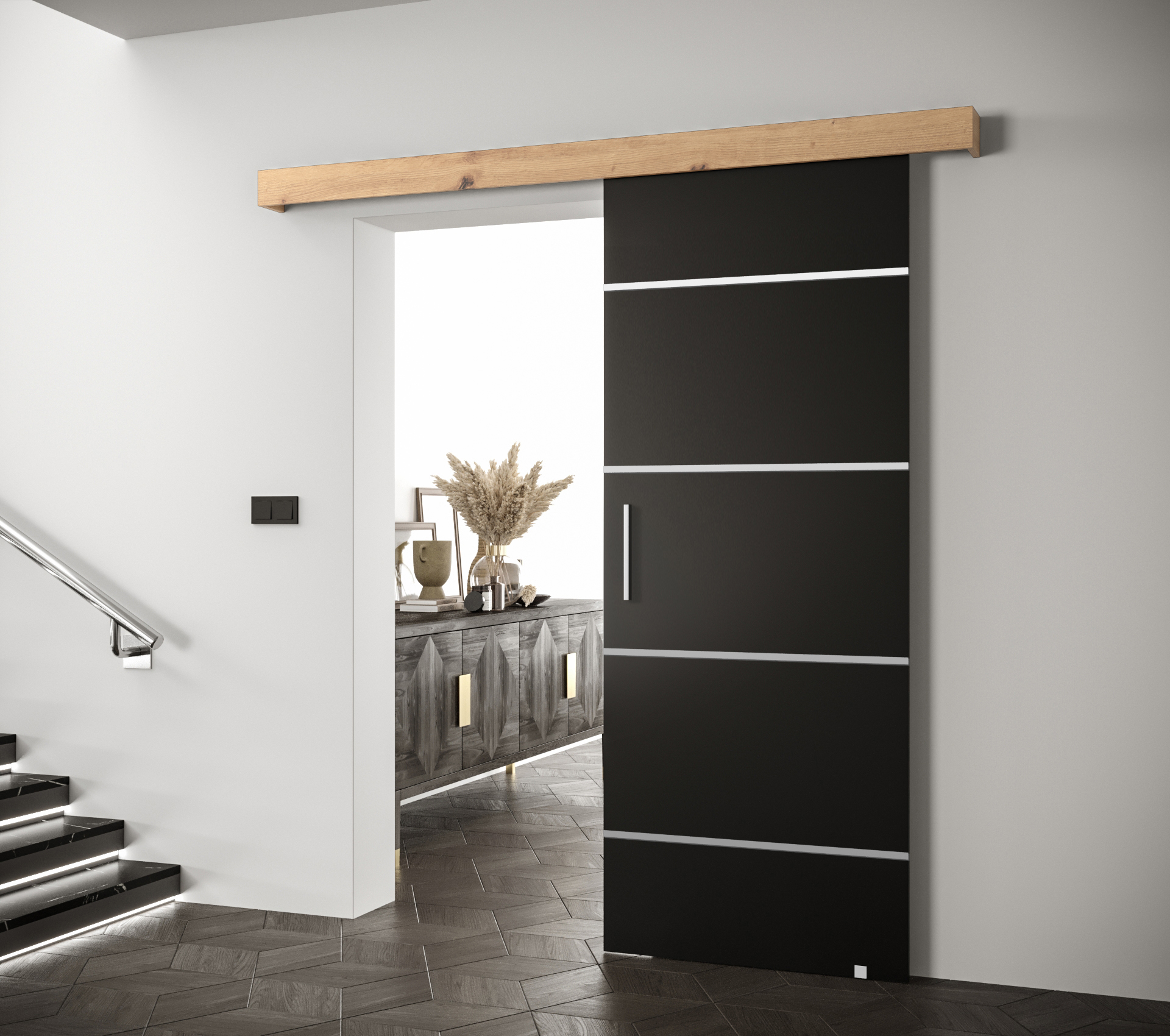 Posuvné dveře Salwador IV Dveře: Černá, Pásky / úchyty: Černá, Horní pojezdová lišta: Dub artisan