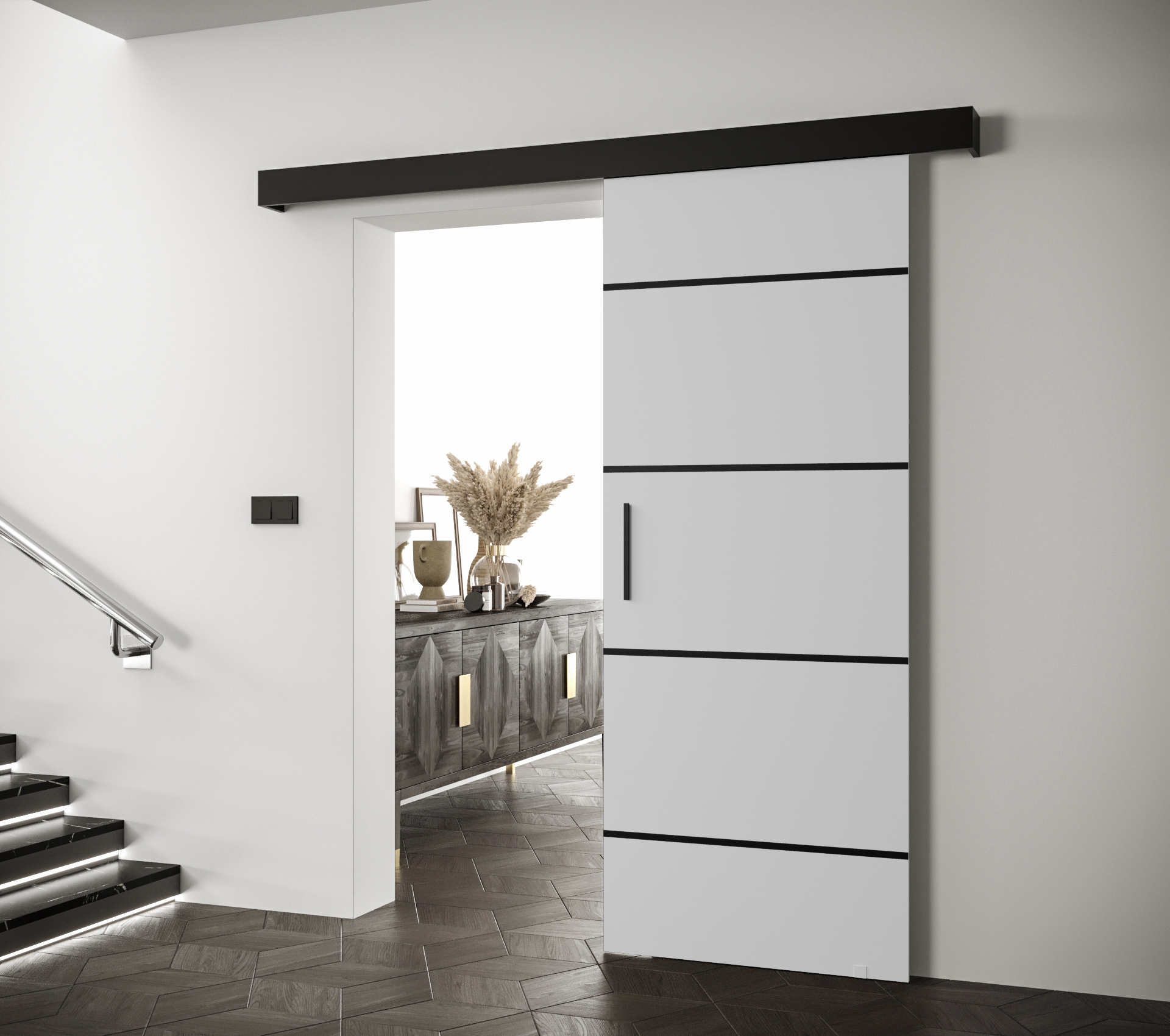 Posuvné dveře Salwador IV Dveře: Bíle mat, Pásky / úchyty: Černá, Horní pojezdová lišta: Černá
