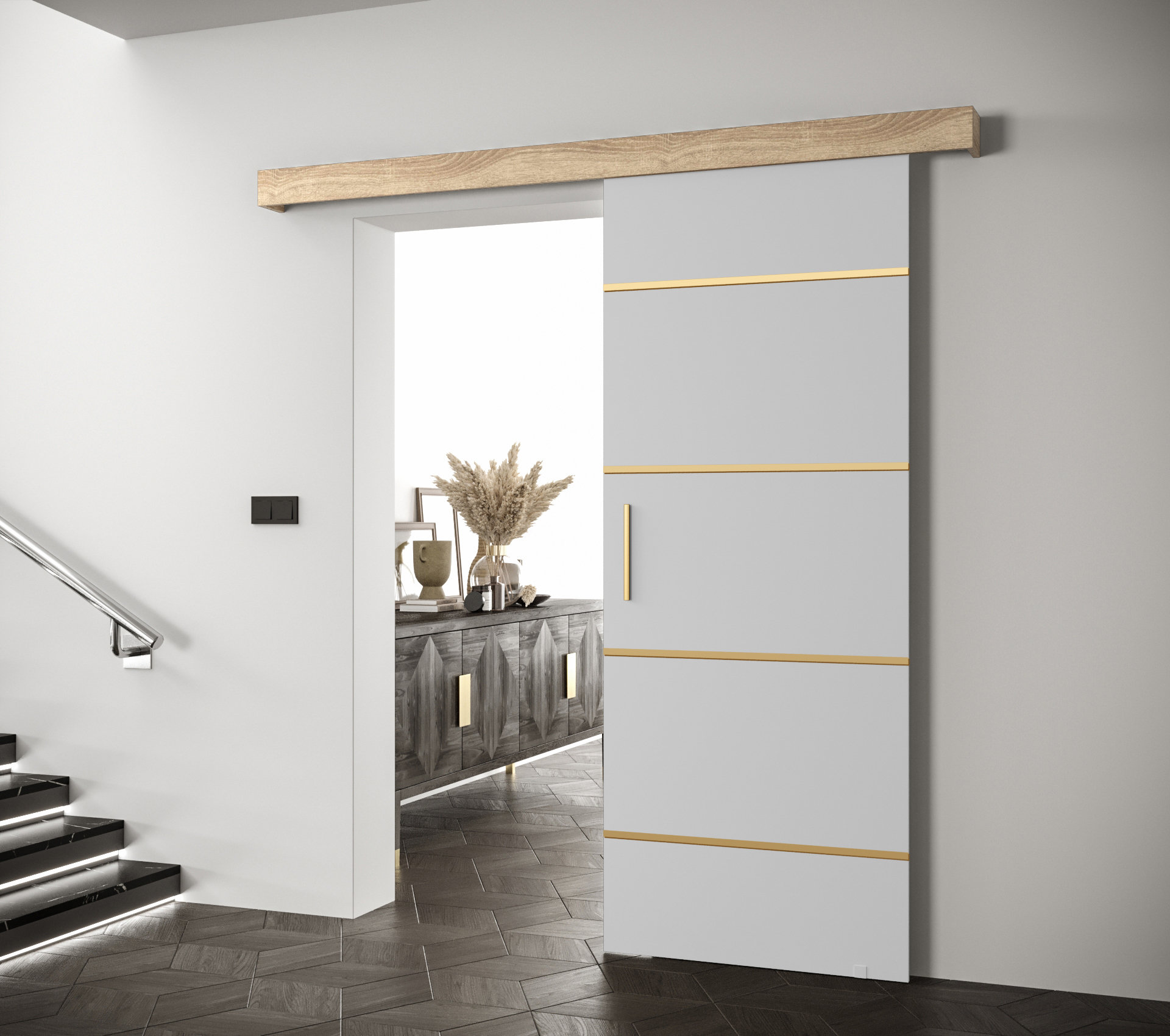 Posuvné dveře Salwador IV Dveře: Bíle mat, Pásky / úchyty: Zlatý, Horní pojezdová lišta: Dub Sonoma