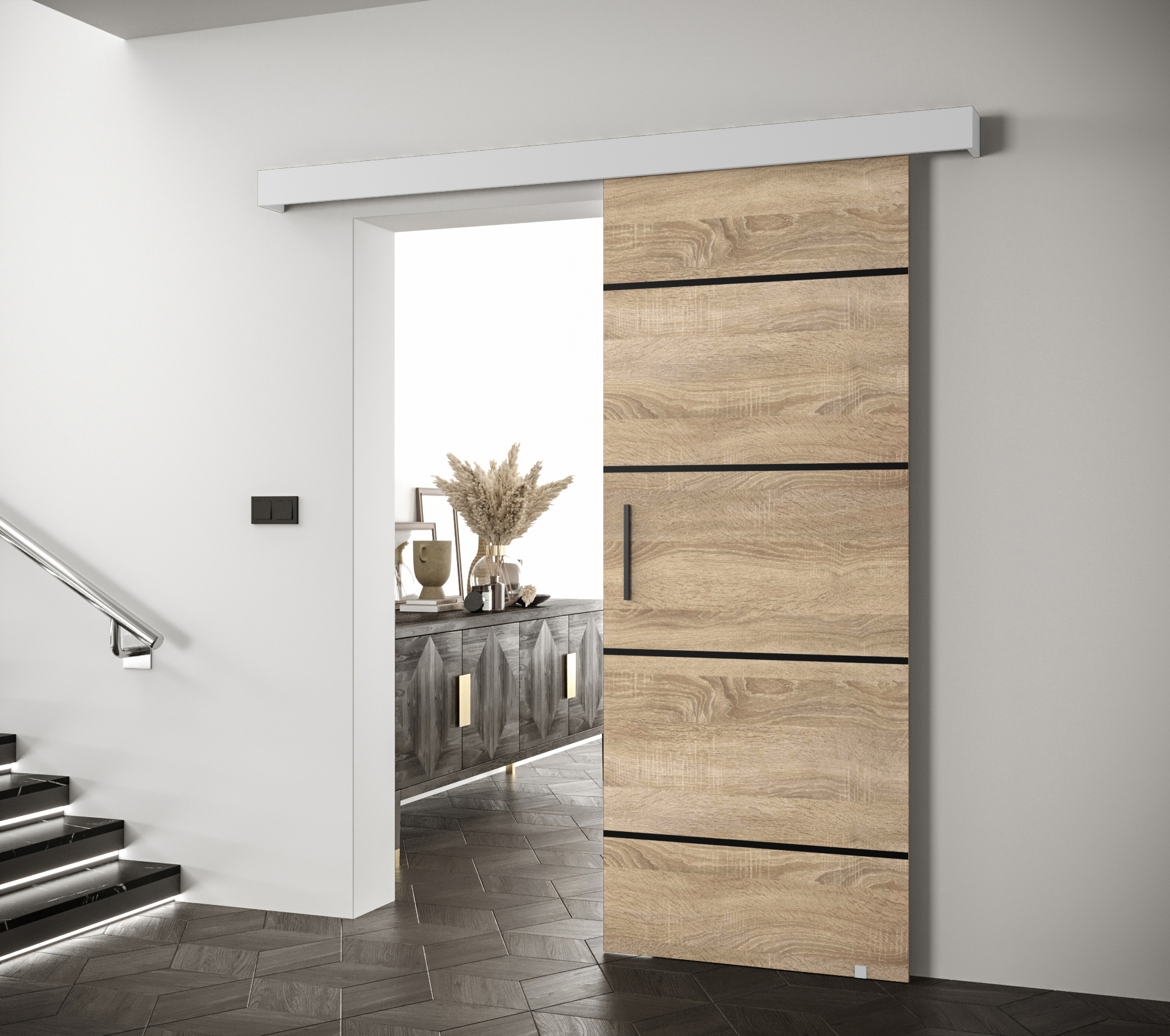 Posuvné dveře Salwador IV Dveře: Dub sonoma, Pásky / úchyty: Černá, Horní pojezdová lišta: Bílá