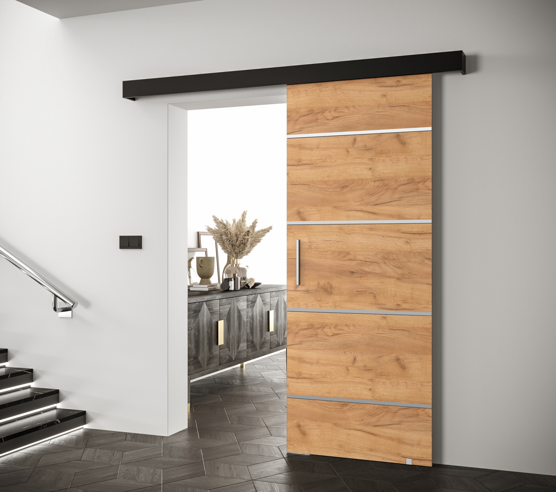 Posuvné dveře Salwador IV Dveře: Craft zlatý, Pásky / úchyty: Stříbrné, Horní pojezdová lišta: Černá