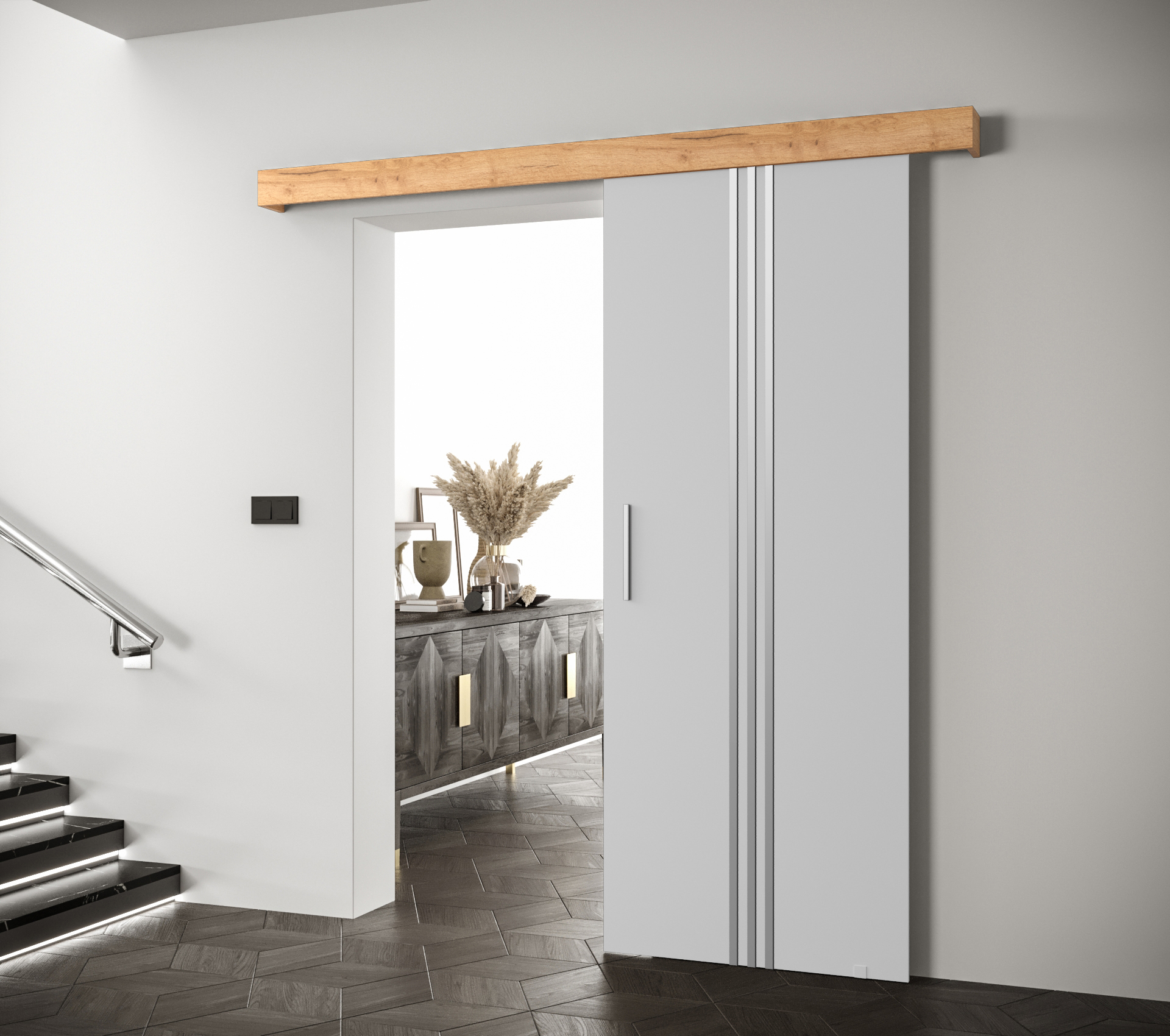 Posuvné dveře Salwador V Dveře: Bíle mat, Pásky / úchyty: Stříbrné, Horní pojezdová lišta: Craft zlatý