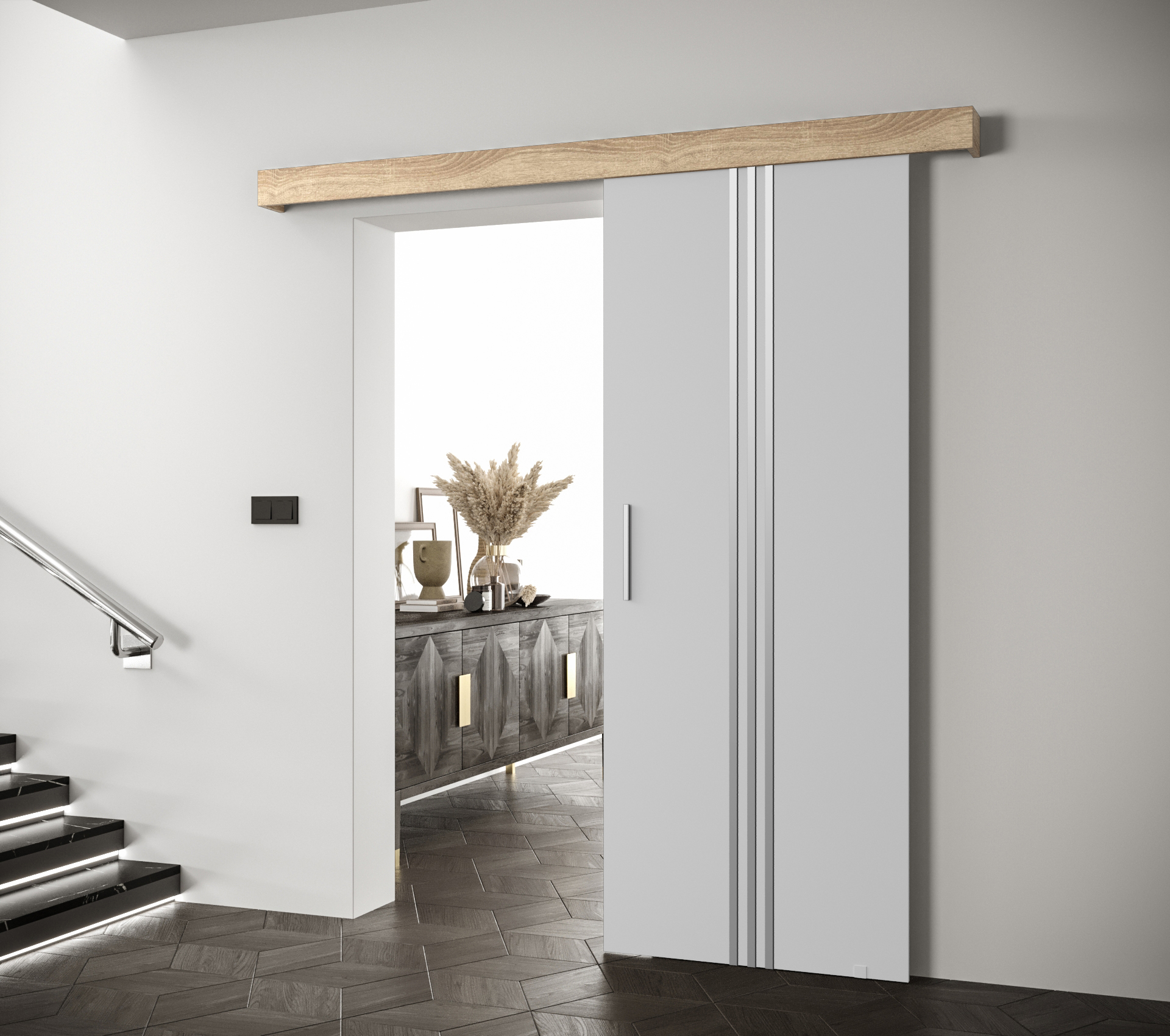 Posuvné dveře Salwador V Dveře: Bíle mat, Pásky / úchyty: Stříbrné, Horní pojezdová lišta: Dub Sonoma