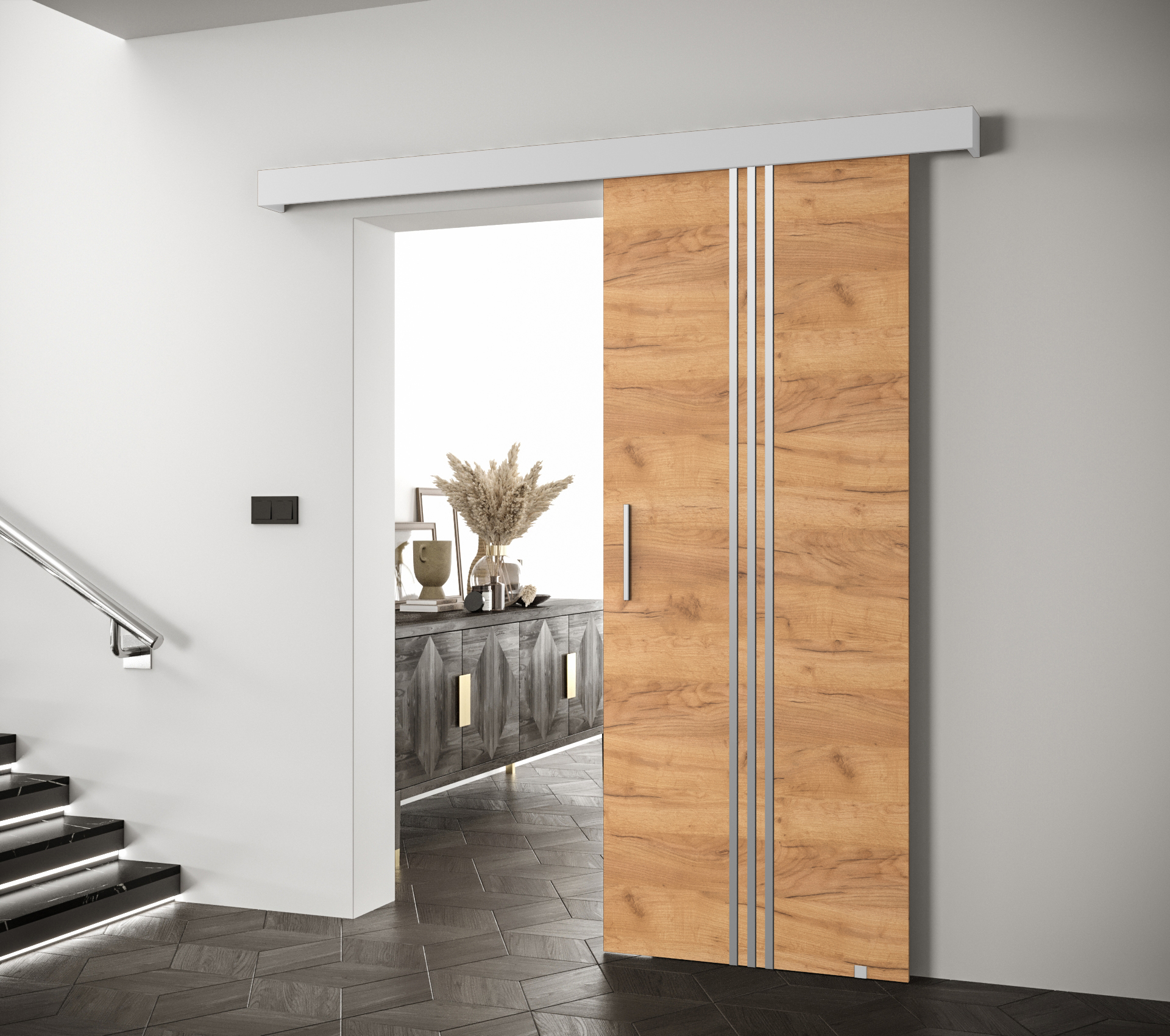 Posuvné dveře Salwador V Dveře: Craft zlatý, Pásky / úchyty: Stříbrné, Horní pojezdová lišta: Bílá