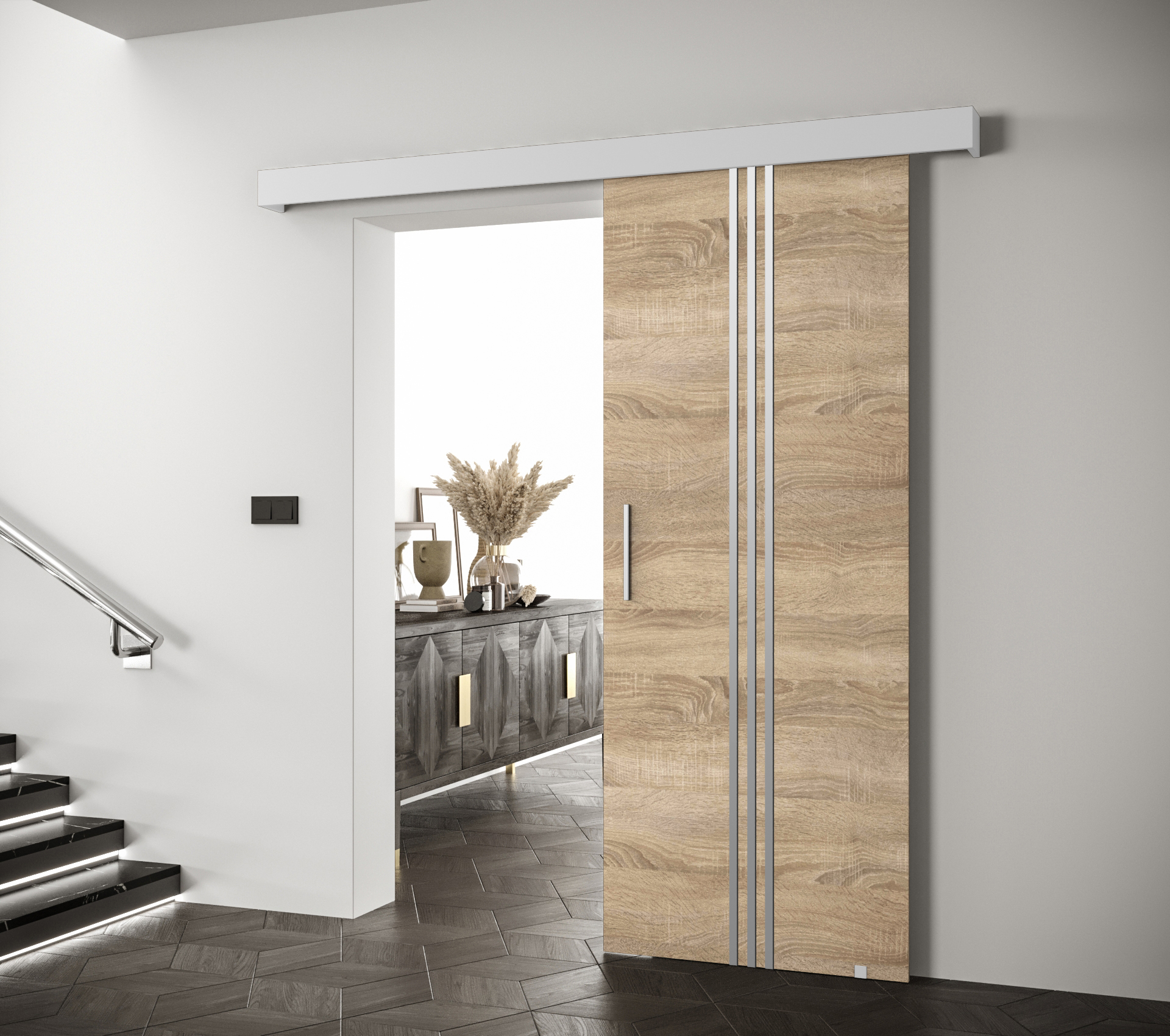 Posuvné dveře Salwador V Dveře: Dub sonoma, Pásky / úchyty: Stříbrné, Horní pojezdová lišta: Bílá