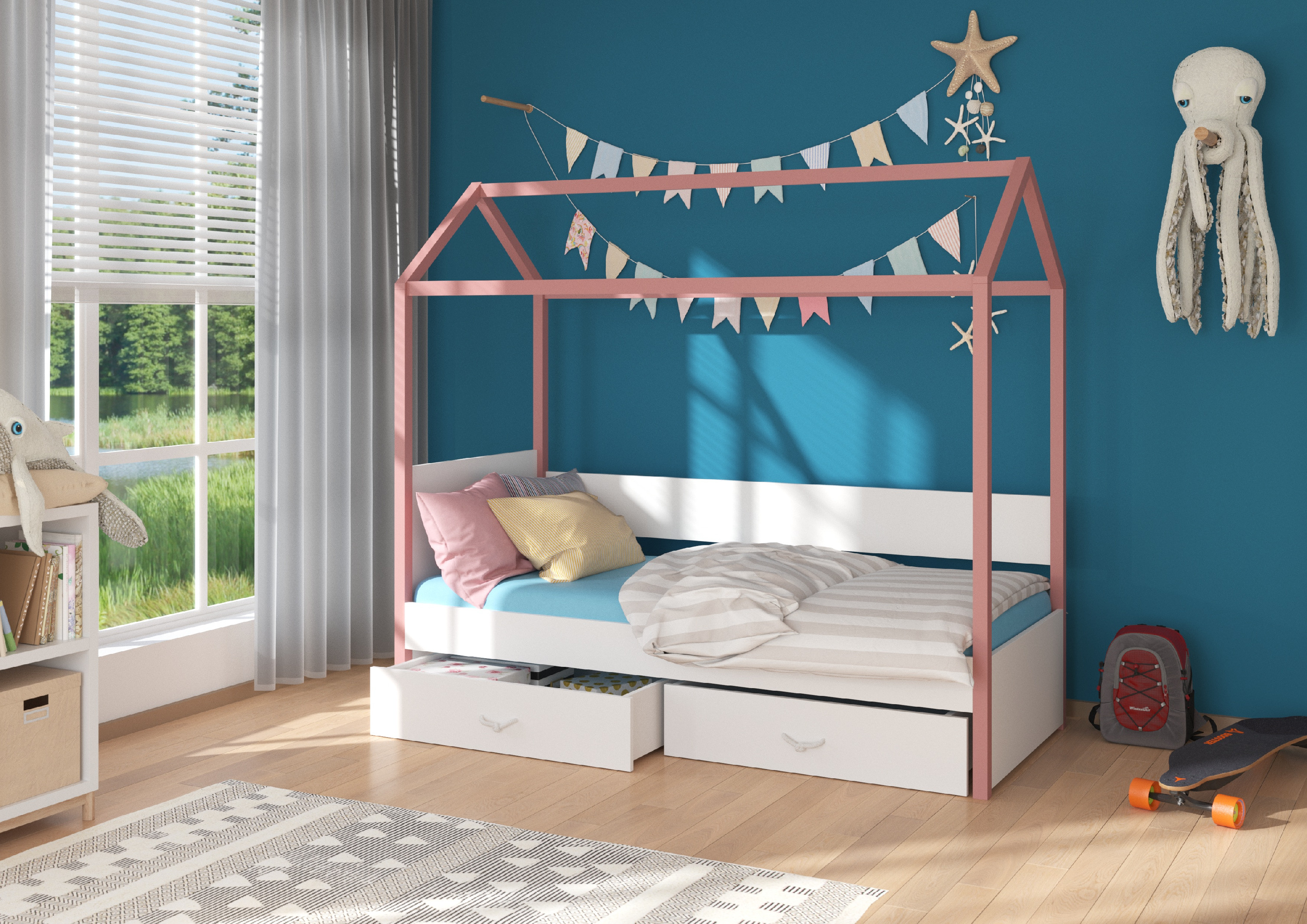 Dětská postel Otello Barva korpusu: Bílá, Rozměr: 208 x 97 cm, Rám: Růžová - Bílá,Růžová