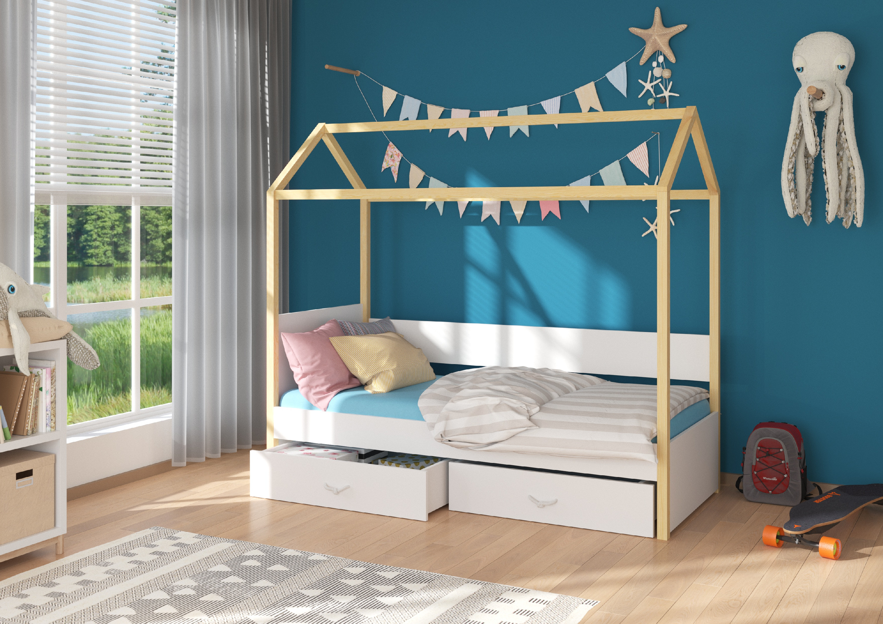 Dětská postel Otello Barva korpusu: Bílá, Rozměr: 208 x 97 cm, Rám: Borovice - Bílá,Borovice
