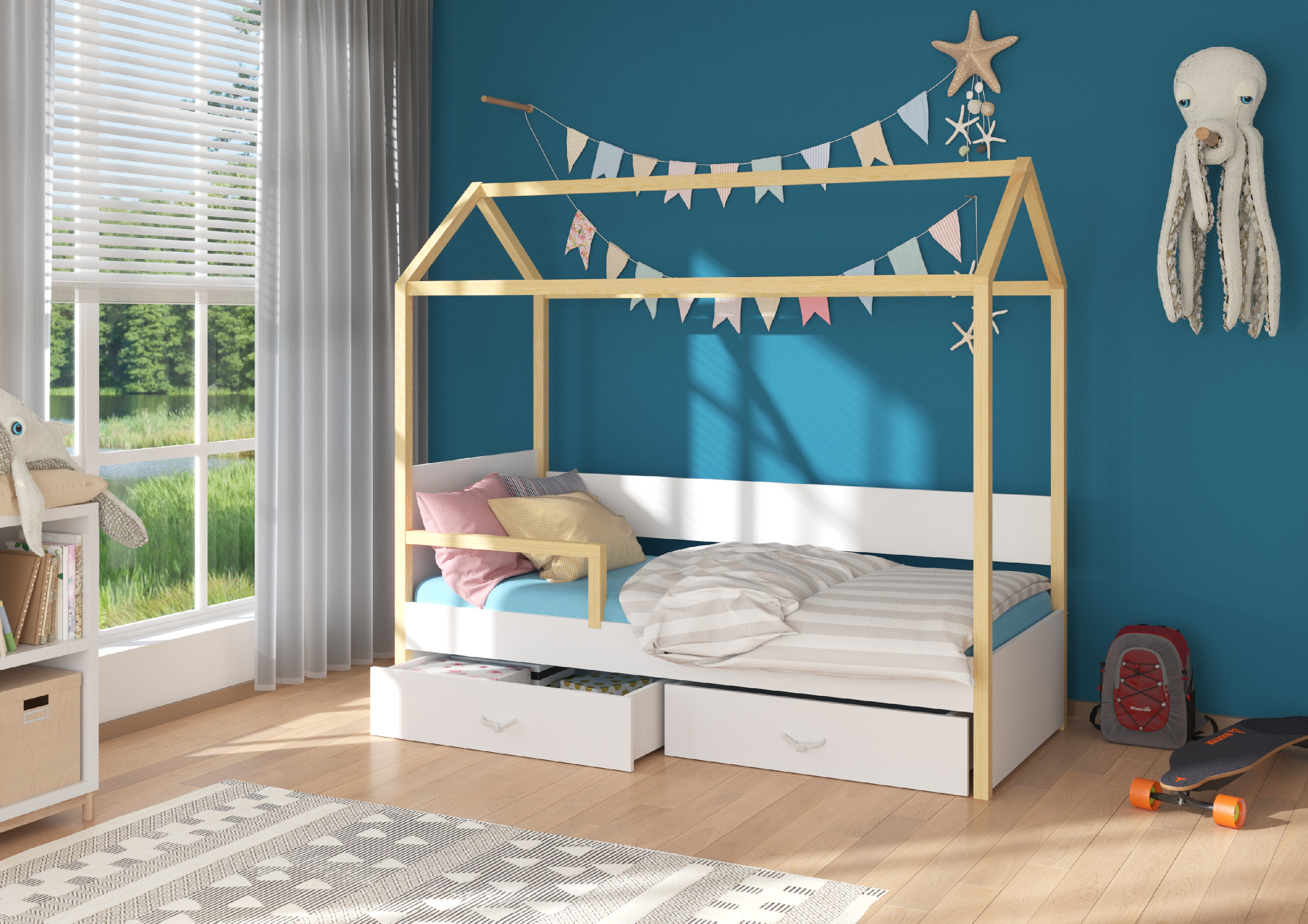 Dětská postel Otello se zábranou Barva korpusu: Bílá, Rozměr: 190 x 87 cm, Rám: Borovice - Bílá,Boro