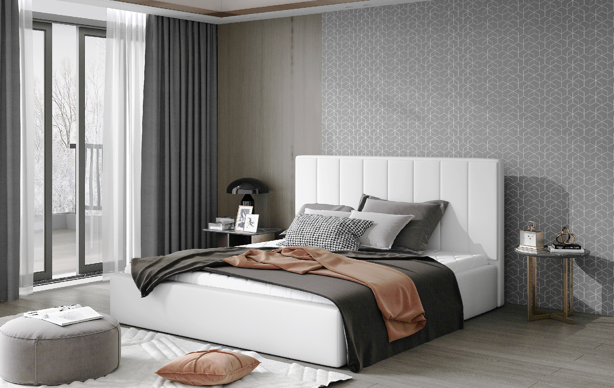 Postel Audrey - kovový rám postele Rozměr: 200x200 cm, látka: Soft 17 - Soft 17,bílá,černá,šedá,hněd