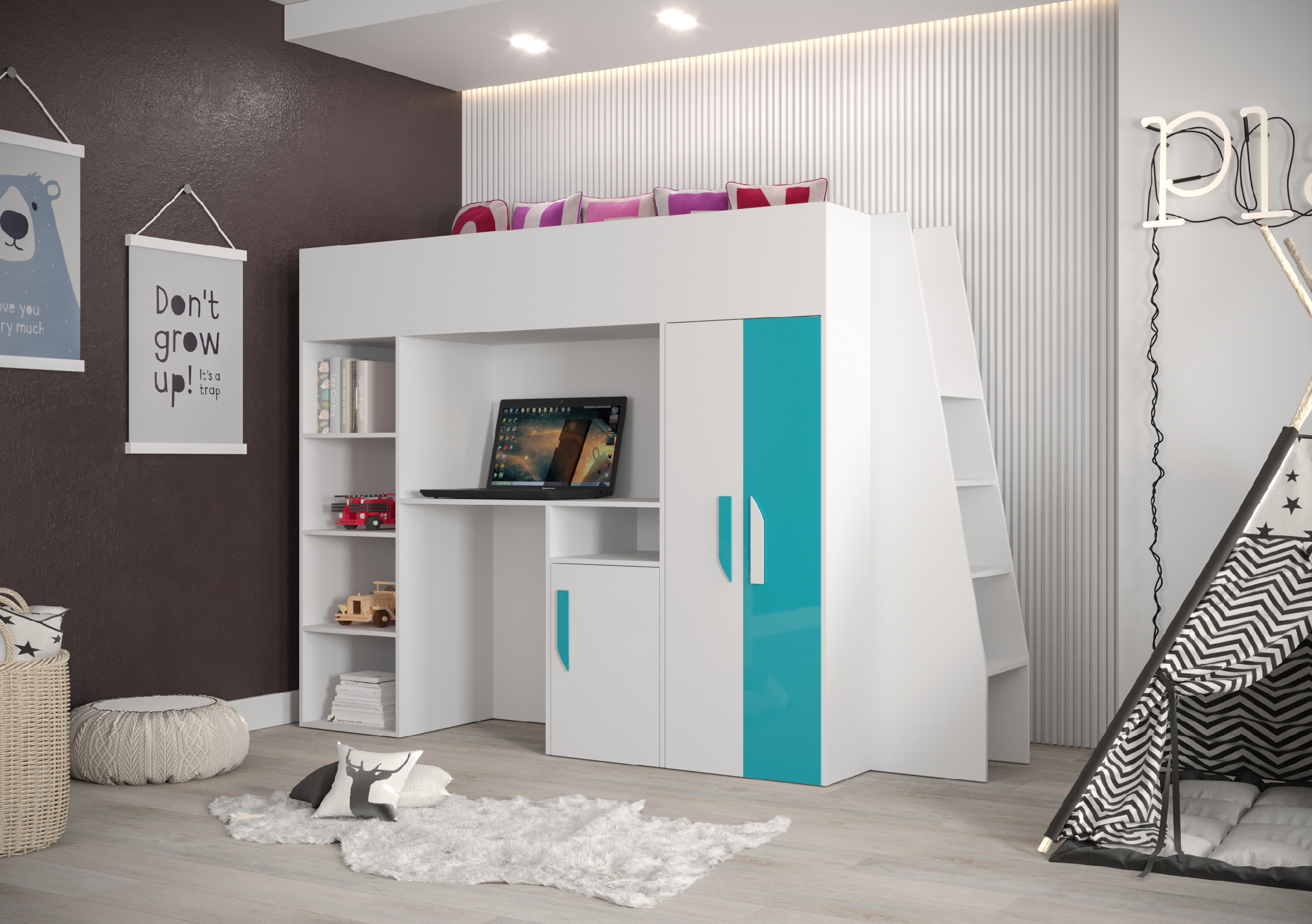 Dětský pokoj Party 15a s volbou barvy dvířek a ploch - příkré schody Barva korpusu: Bílá, Dveře: Černé