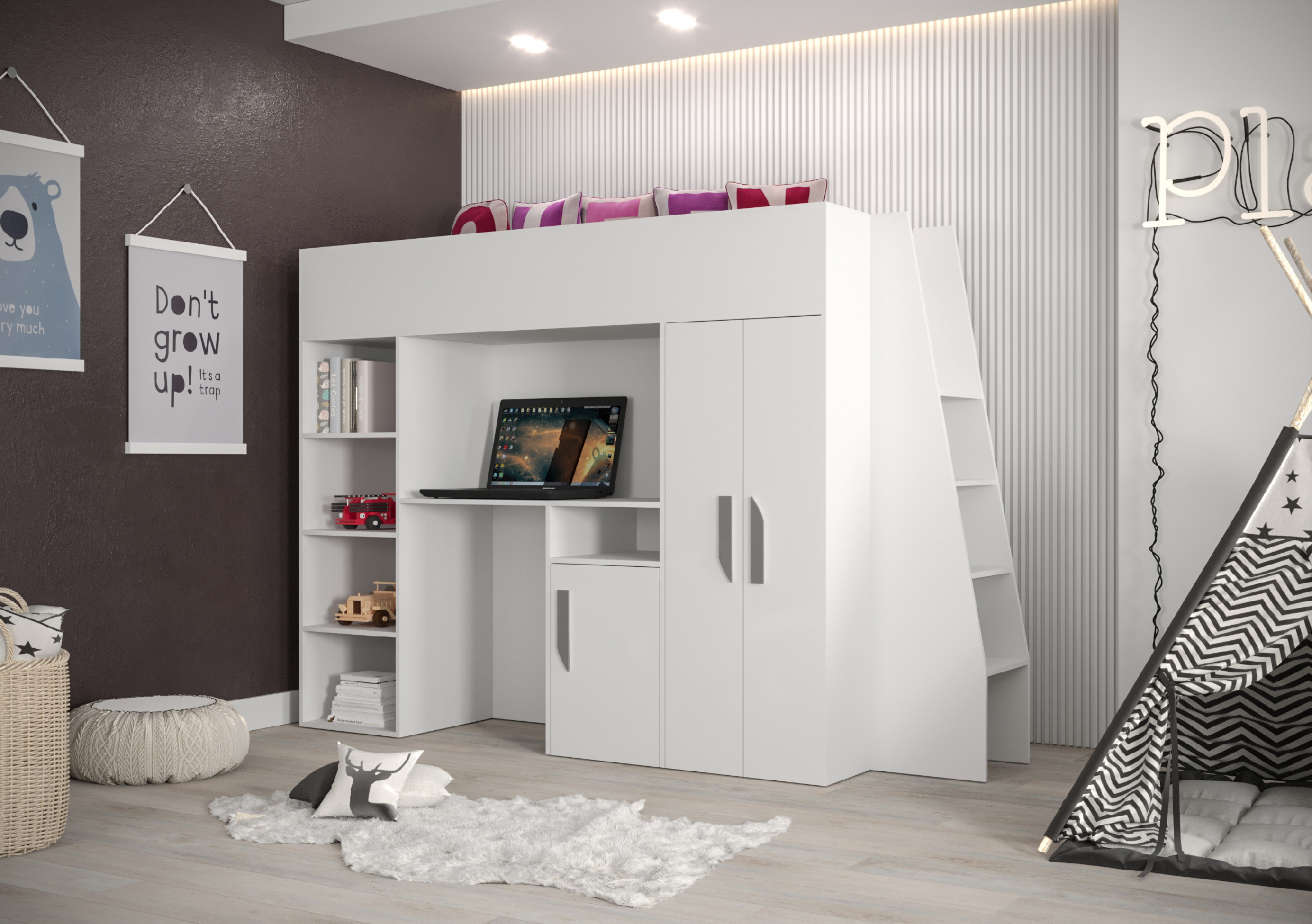 Dětský pokoj Party 15b s volbou barvy úchytů - příkré schody Barva korpusu: Bílá, Úchytky: Šedé