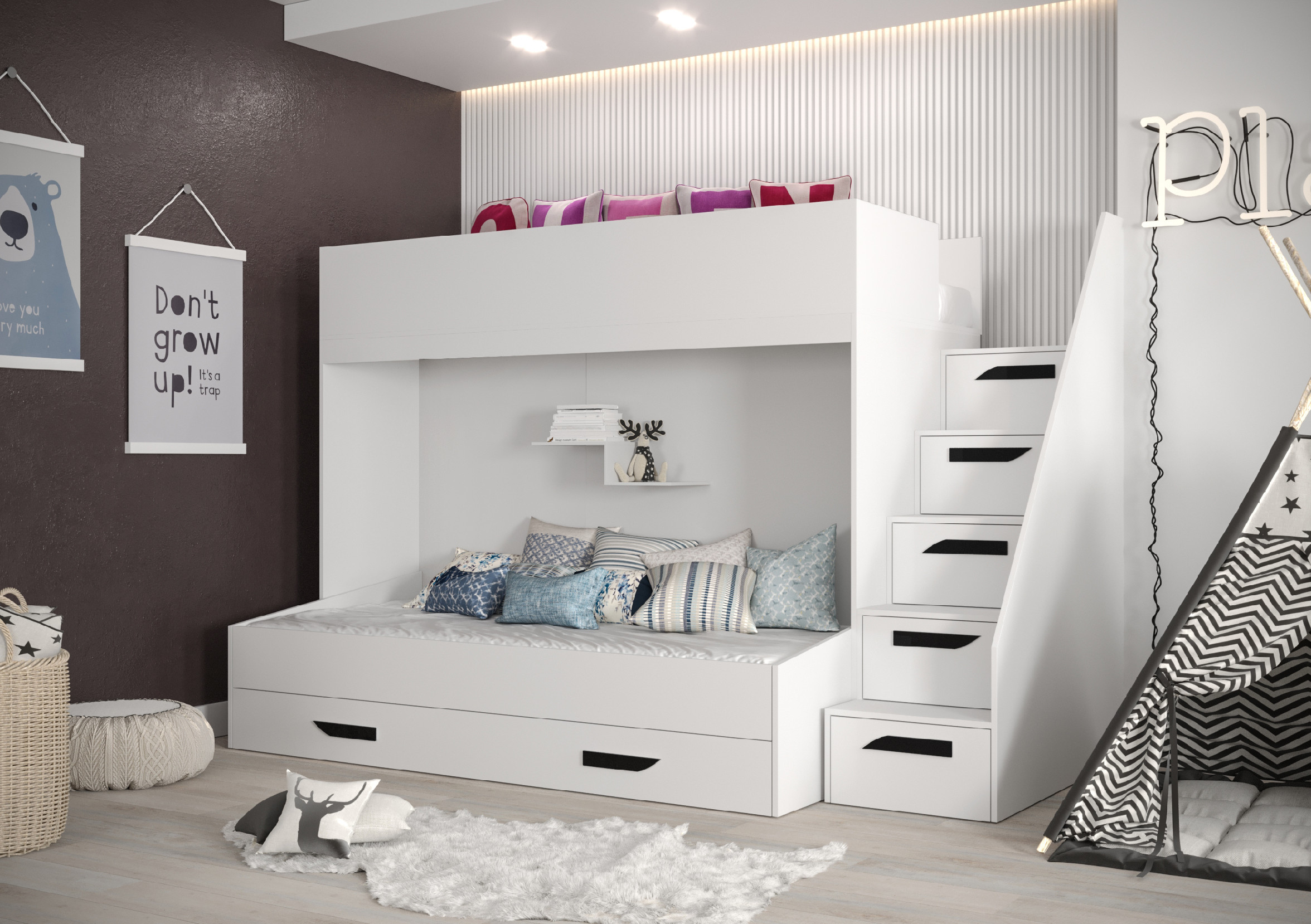 Dětský pokoj Party 16b s volbou barvy úchytů, 2 postele, pozvolné schody Barva korpusu: Bílá, Úchytky: Černé