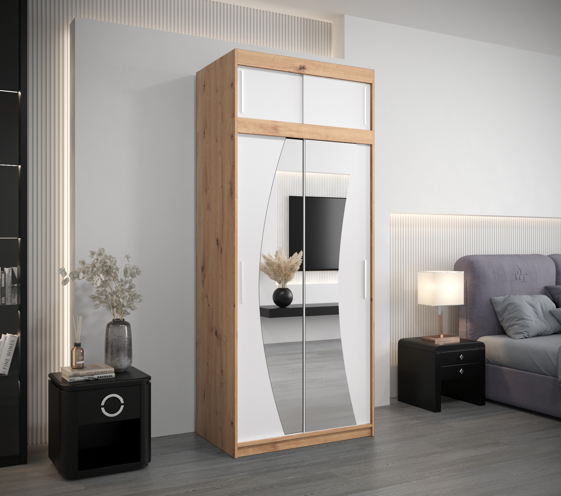 Šatní skříň Abi W0 s nástavcem Barva korpusu: Černá, Rozměry: 150 cm, Dveře: Dub artisan