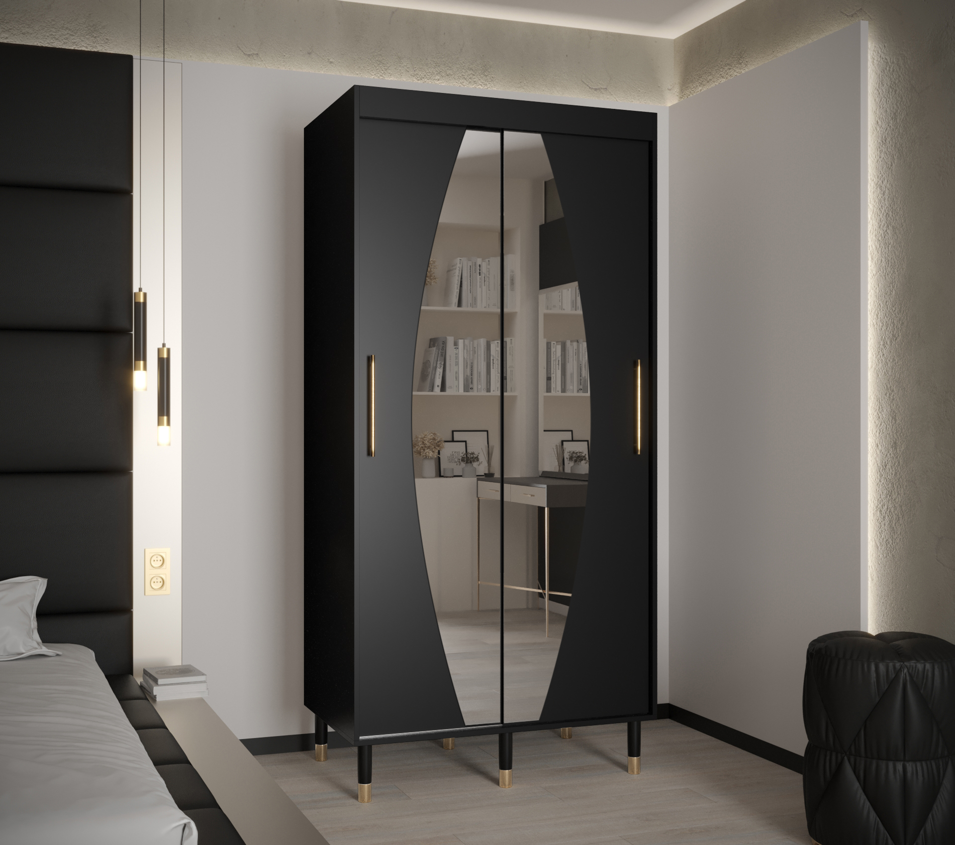 Šatní skříň Abi Calipso Ely Barva korpusu: Černá, Rozměry: 100 cm, Dveře: Ely - černá + zrcadlo - Če